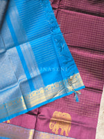 Load image into Gallery viewer, Elephant Border x Kattam Silk Cotton Saree : Plum x Sky Blue
