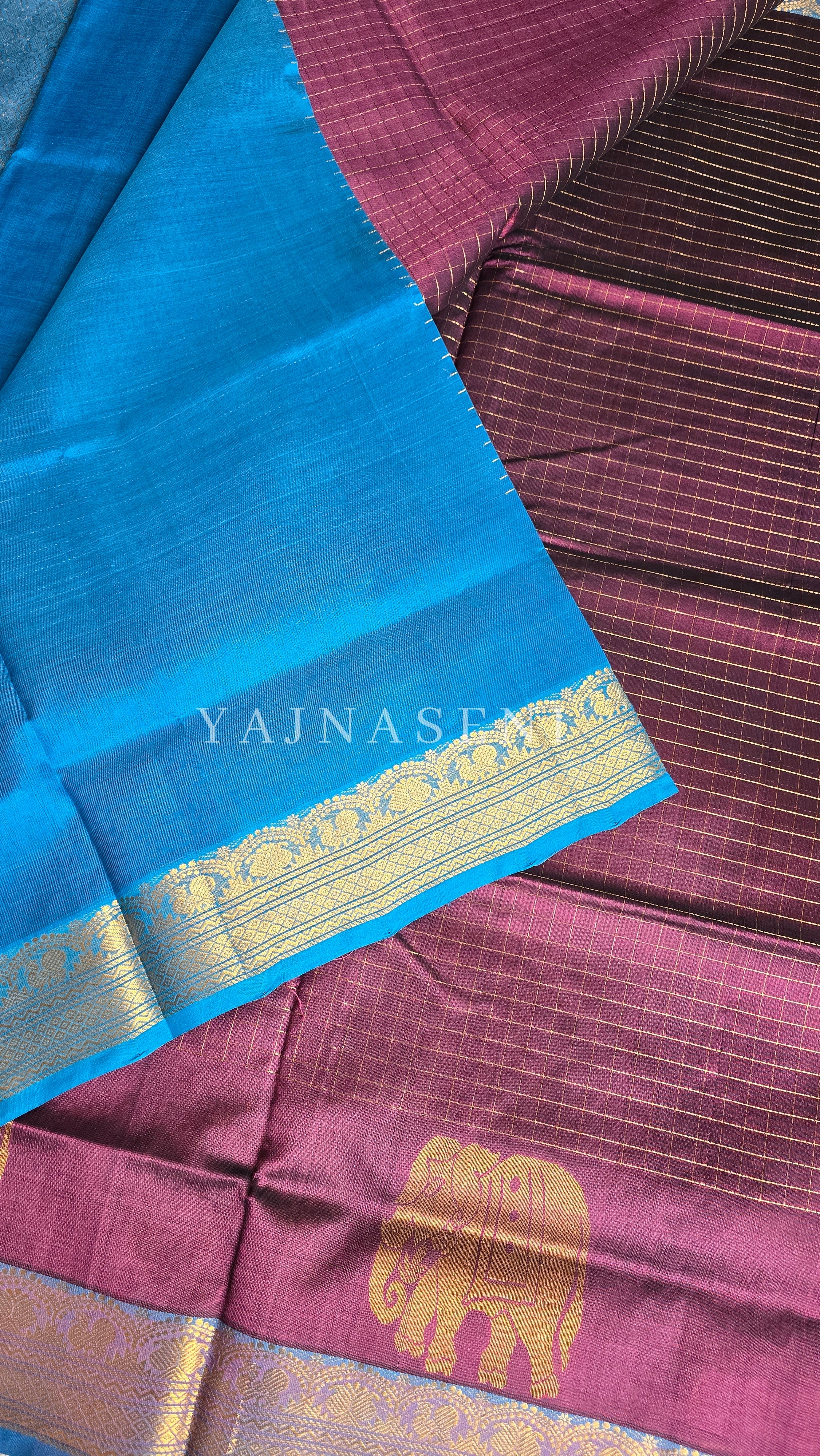 Elephant Border x Kattam Silk Cotton Saree : Plum x Sky Blue