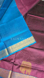 Load image into Gallery viewer, Elephant Border x Kattam Silk Cotton Saree : Plum x Sky Blue
