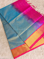 Load image into Gallery viewer, Minimalist x Handloom Kanchipuram Silk Cotton Saree : Metallic Aqua x Hot Pink
