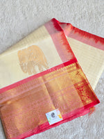 Load image into Gallery viewer, Elephant Border x Kattam Silk Cotton Saree : Ivory x Red
