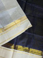 Load image into Gallery viewer, Checkered x Handloom Kanchipuram Silk Cotton Saree : Midnight Blue x Ivory
