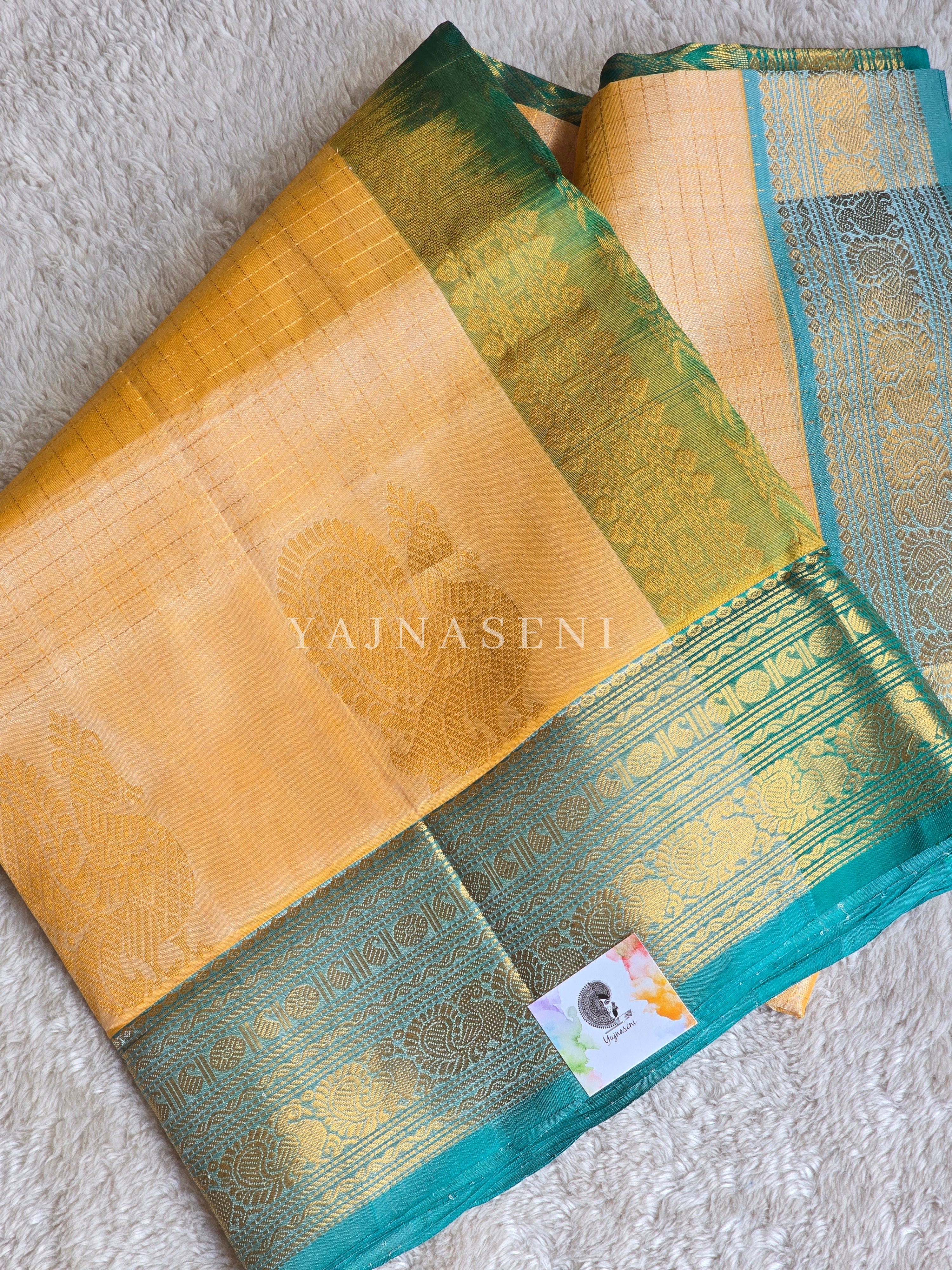 Annapakshi Border x Kattam Silk Cotton Saree : Apricot x Green