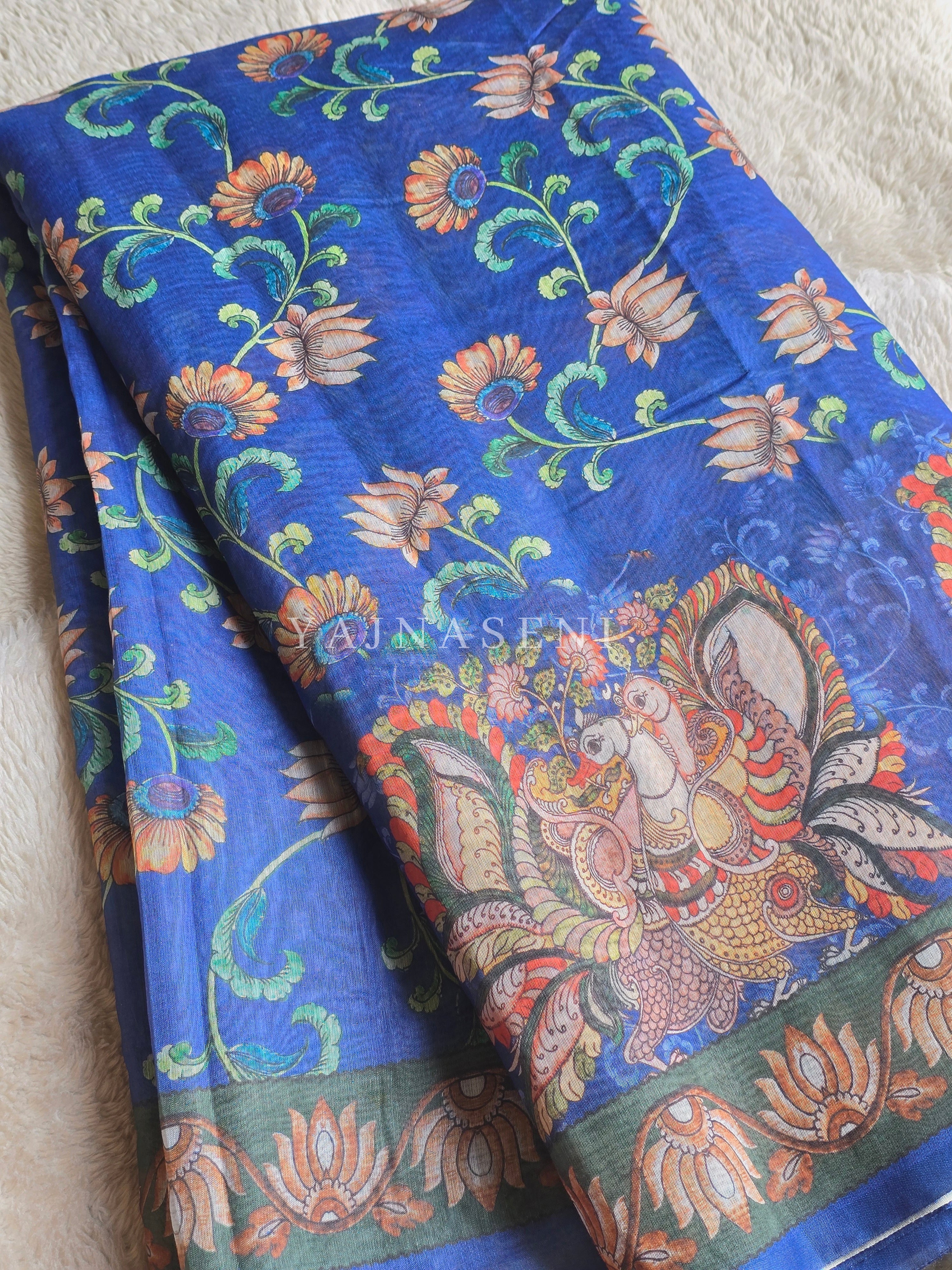 Printed Chanderi Cotton Saree : Blue