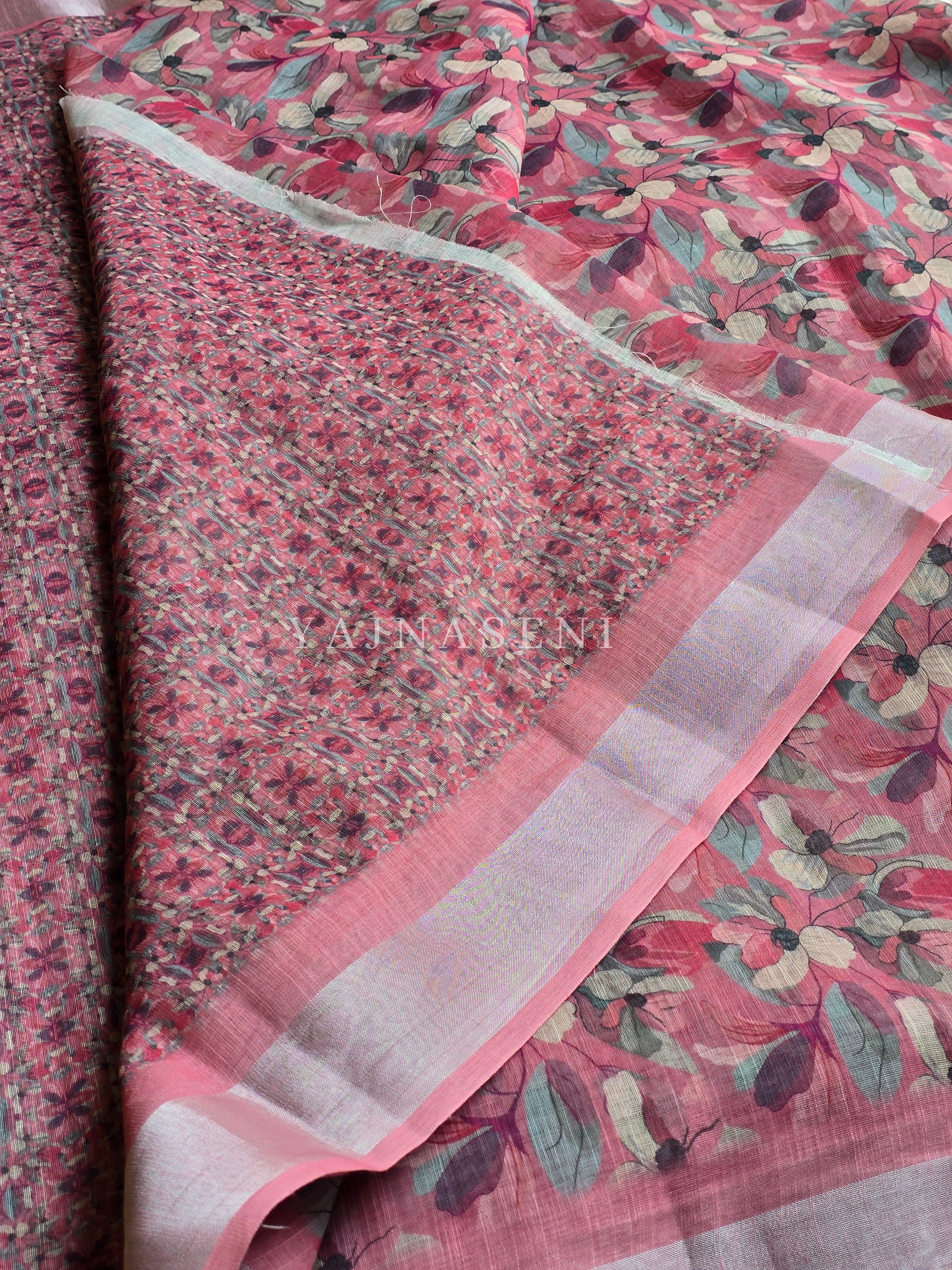 Printed Linen Cotton Saree - Pink