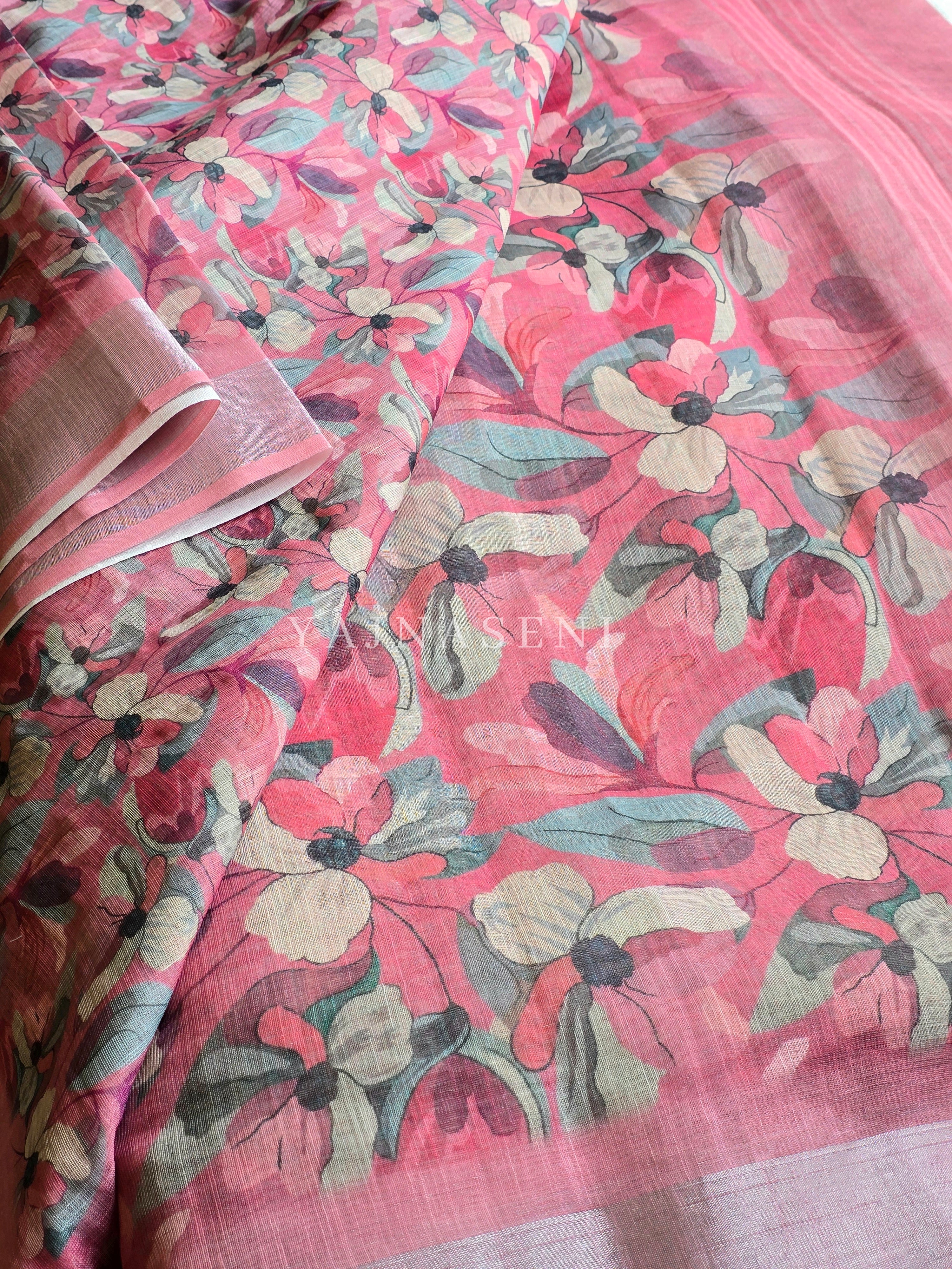 Printed Linen Cotton Saree - Pink