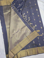 Load image into Gallery viewer, Mughal Motifs x Semi Soft Silk Saree - Dark Steel Grey (Blue Undertone)
