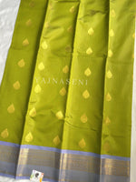 Load image into Gallery viewer, Kanchipuram Semi Silk Saree x Checkered - Light Olive x Periwinkle Blue
