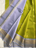 Load image into Gallery viewer, Kanchipuram Semi Silk Saree x Checkered - Light Olive x Periwinkle Blue
