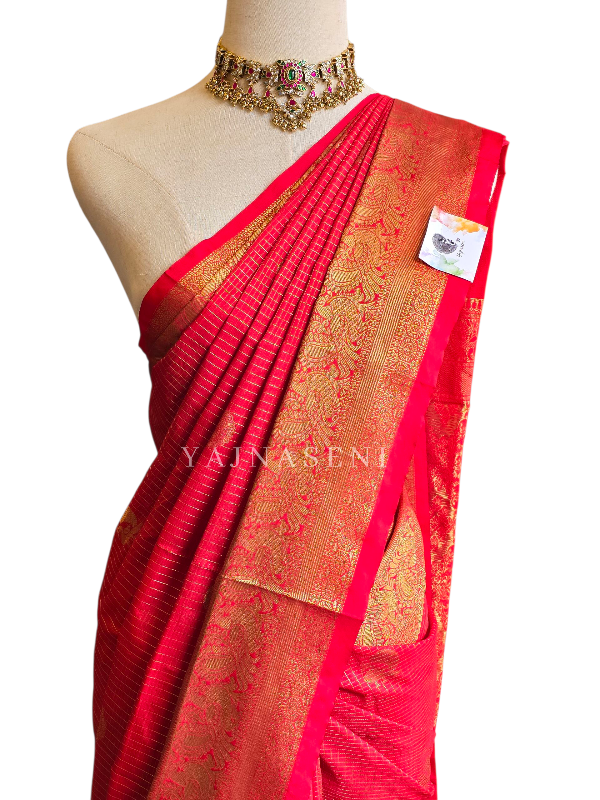 Vaira Oosi Checkered x Peacock Semi Silk Saree - Red