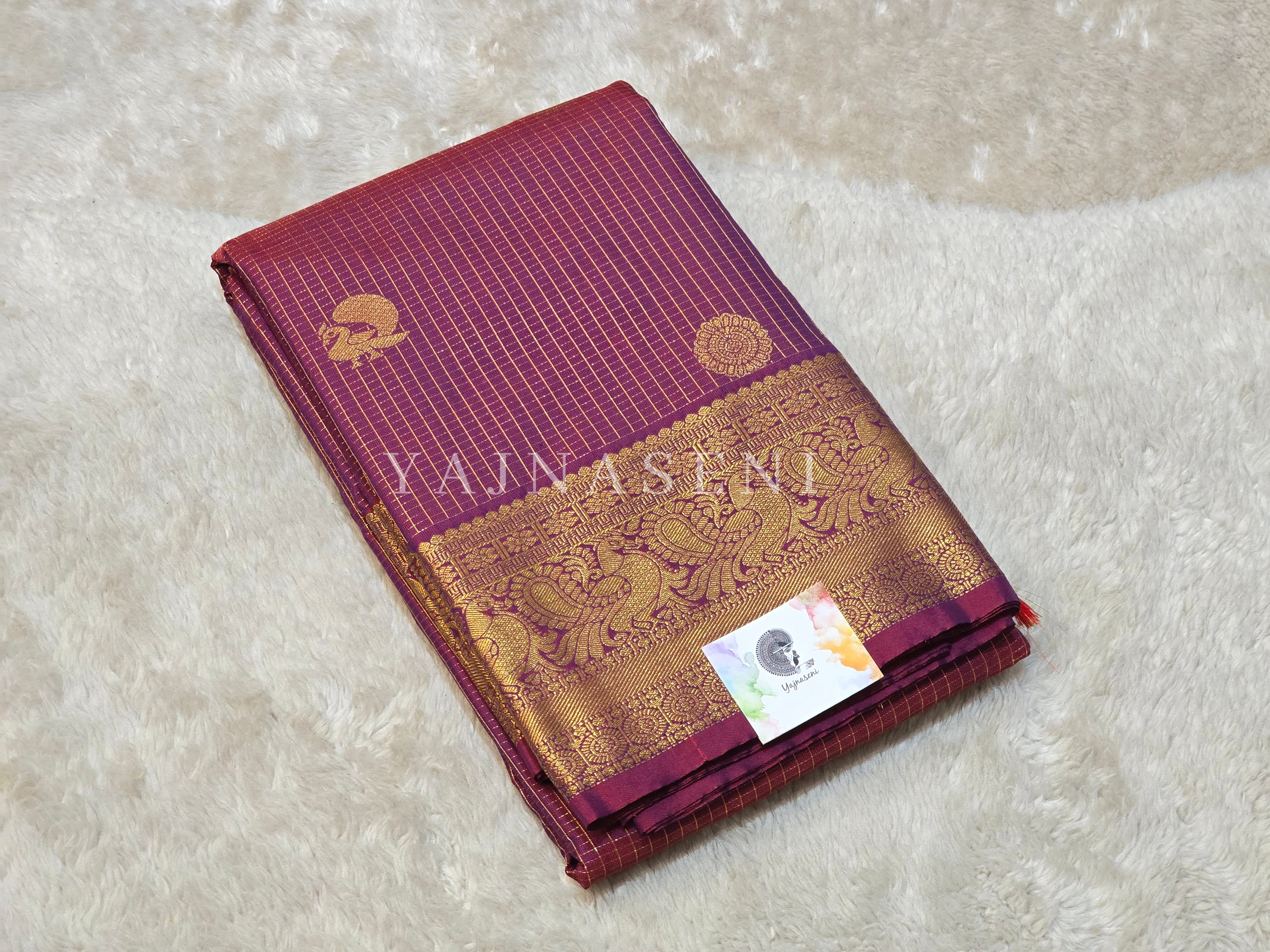 Vaira Oosi Checkered x Peacock Semi Silk Saree - Mulberry