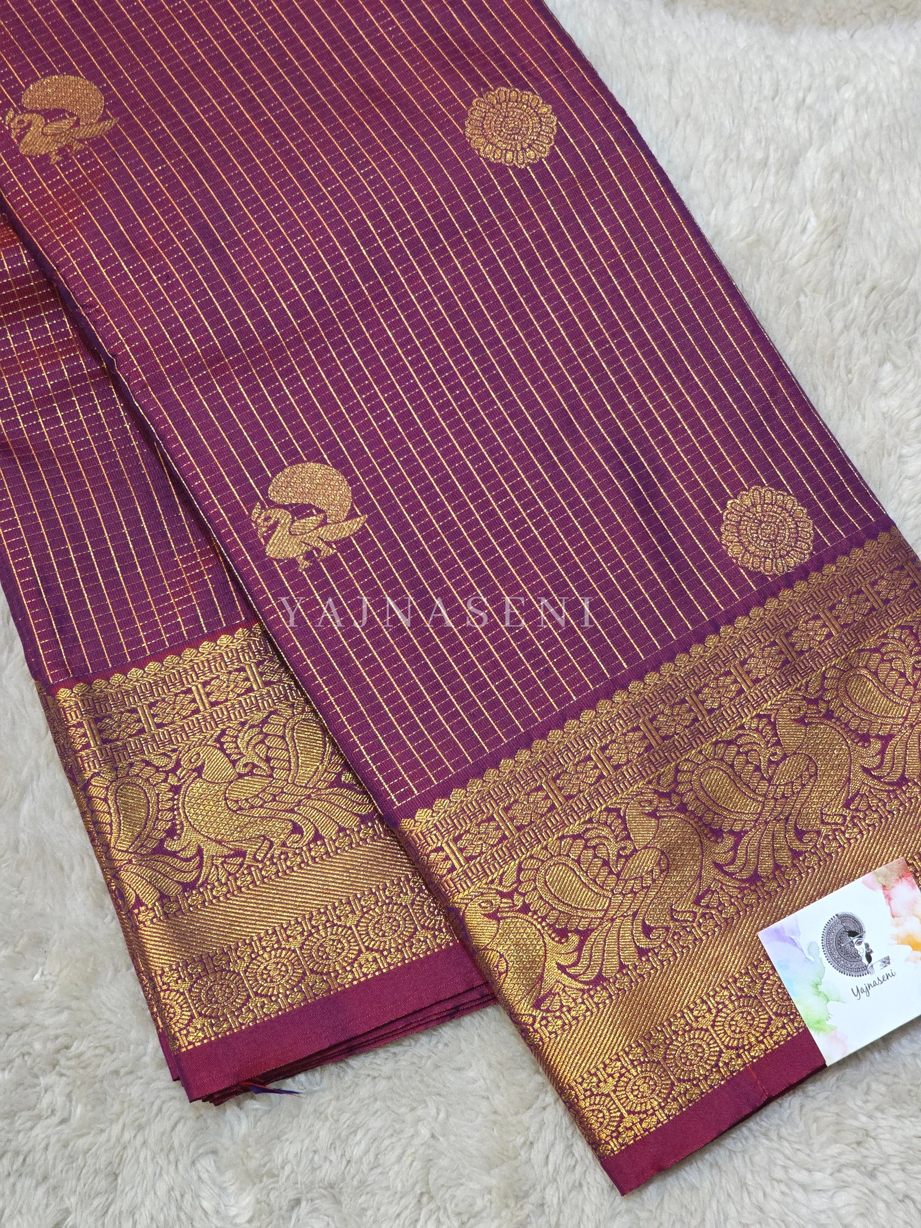 Vaira Oosi Checkered x Peacock Semi Silk Saree - Mulberry
