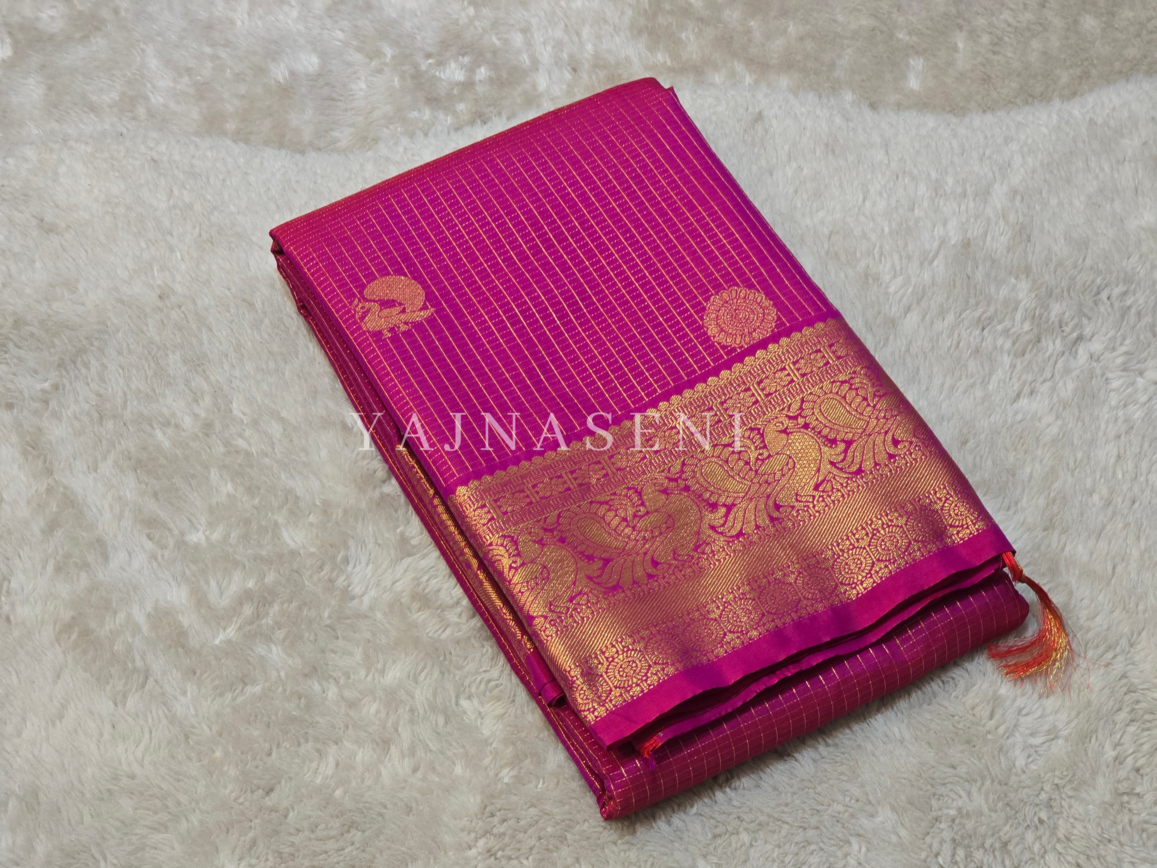 Vaira Oosi Checkered x Peacock Semi Silk Saree - Fuchsia