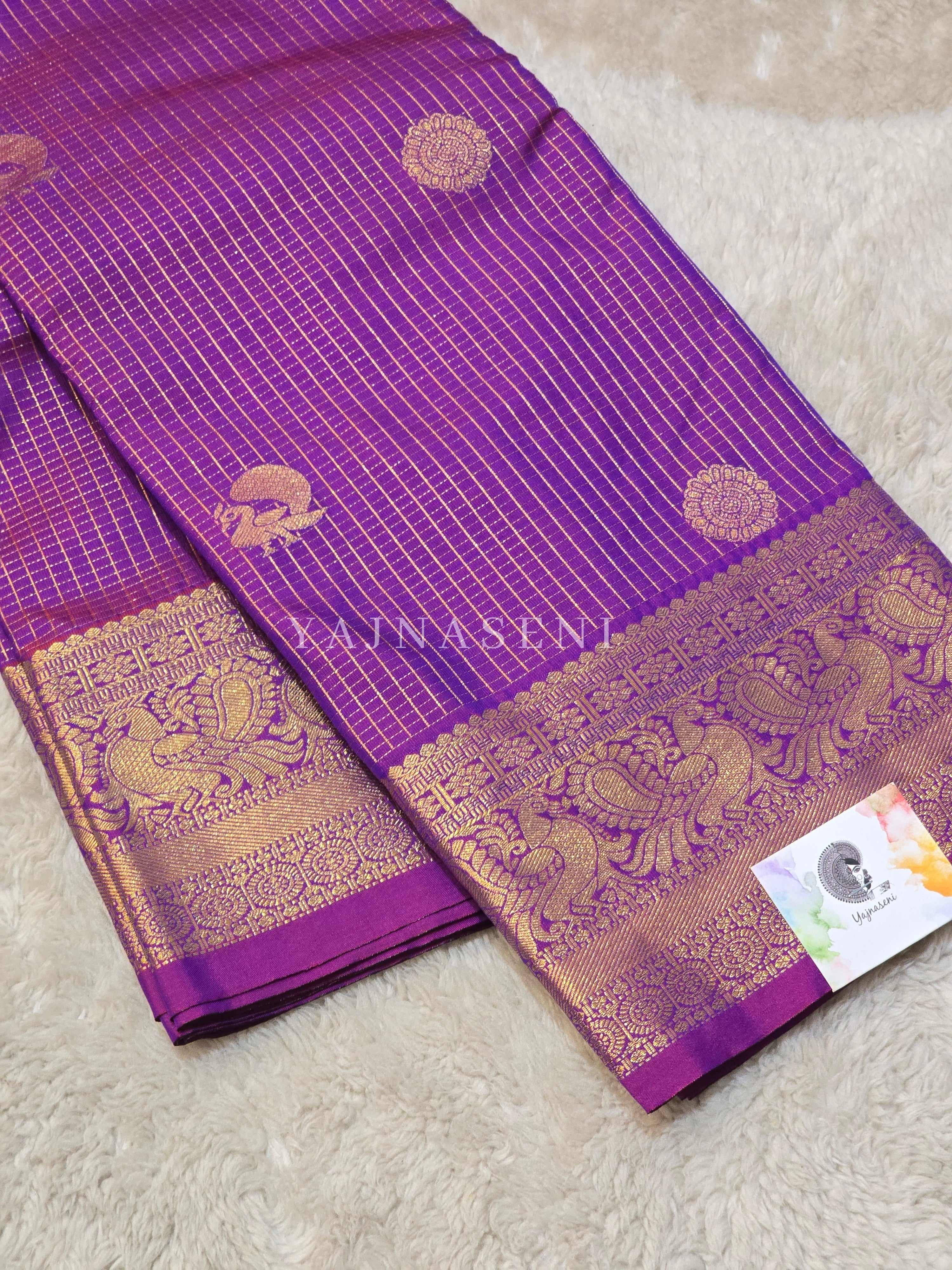 Vaira Oosi Checkered x Peacock Semi Silk Saree - Purple Garnet (Red Undertone)