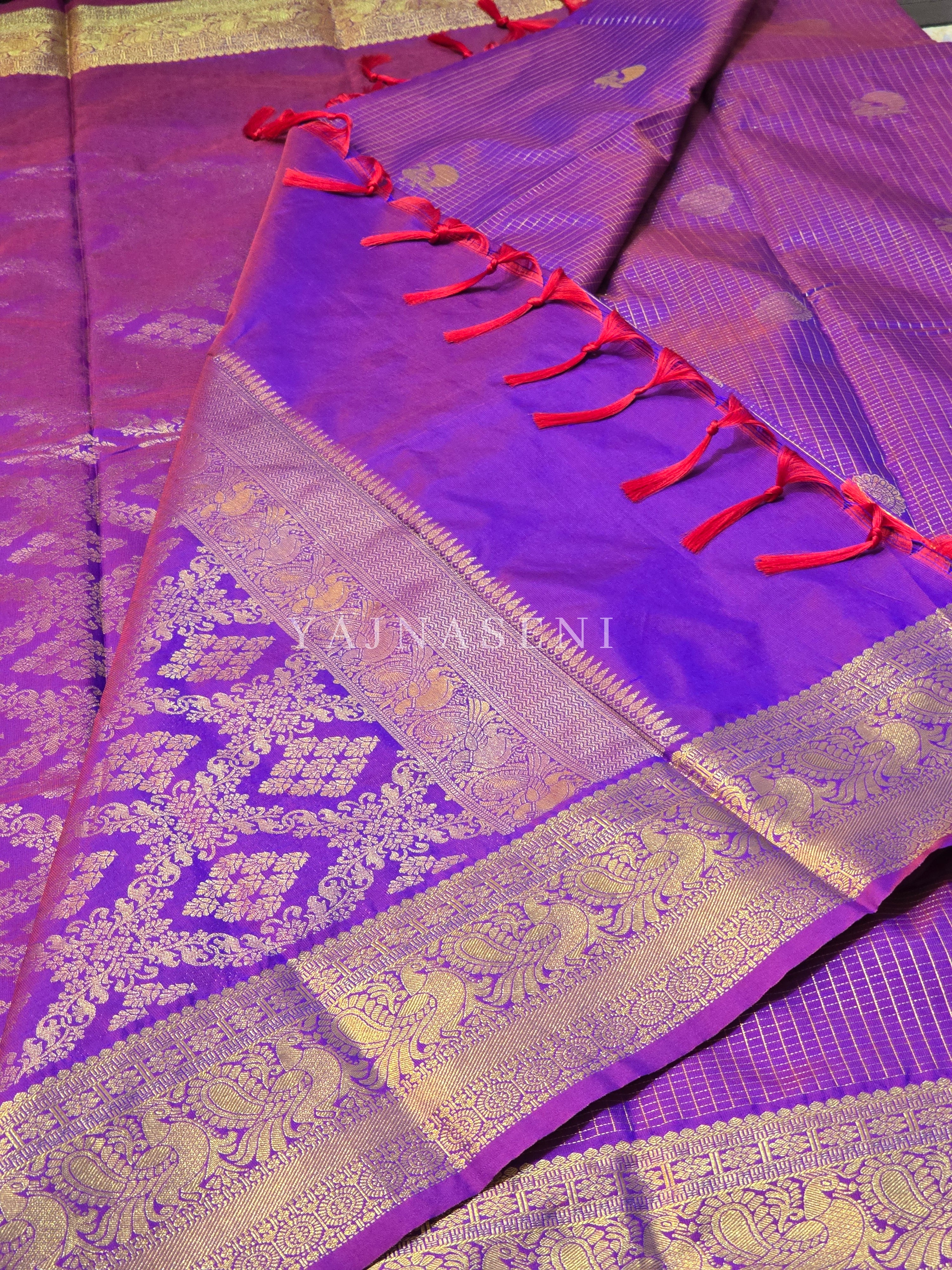 Vaira Oosi Checkered x Peacock Semi Silk Saree - Purple Garnet (Red Undertone)