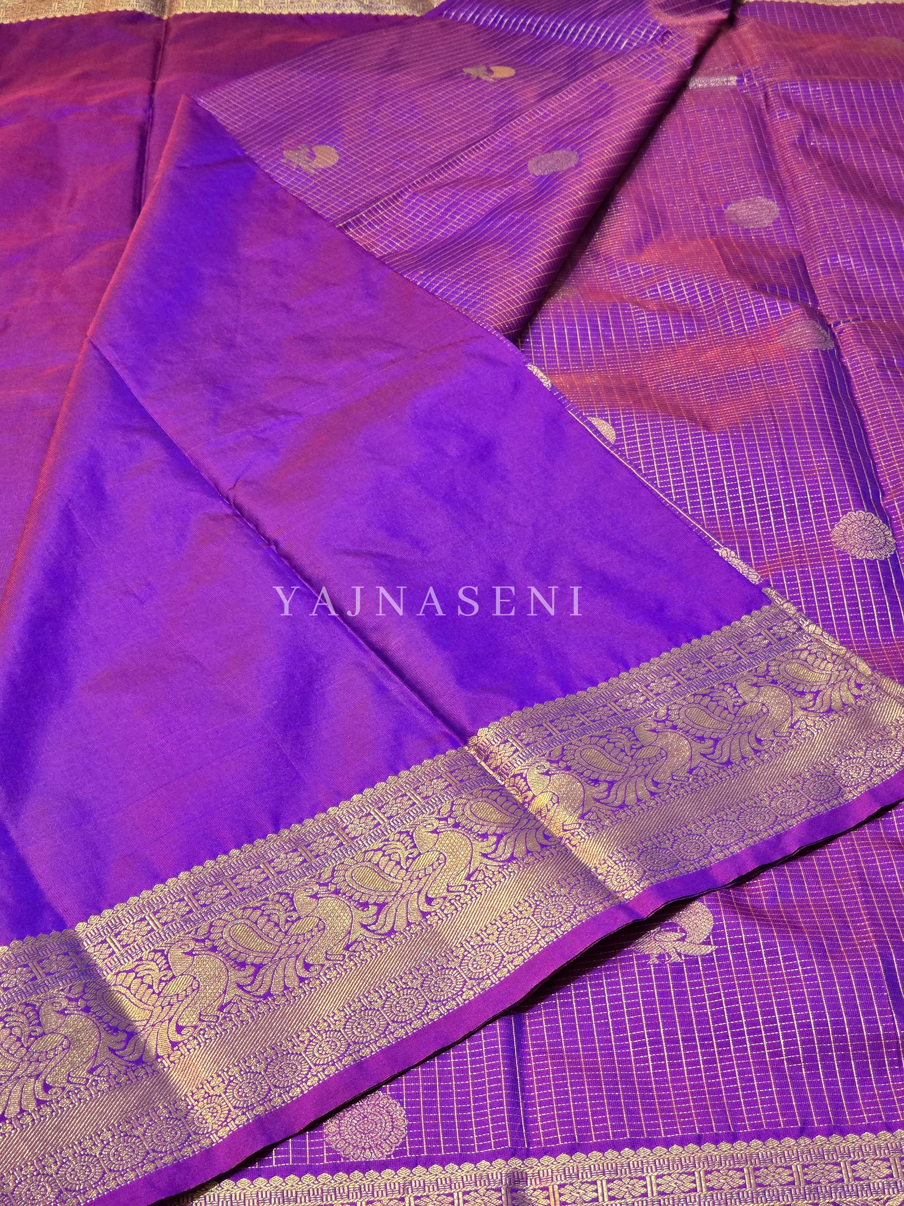 Vaira Oosi Checkered x Peacock Semi Silk Saree - Purple Garnet (Red Undertone)