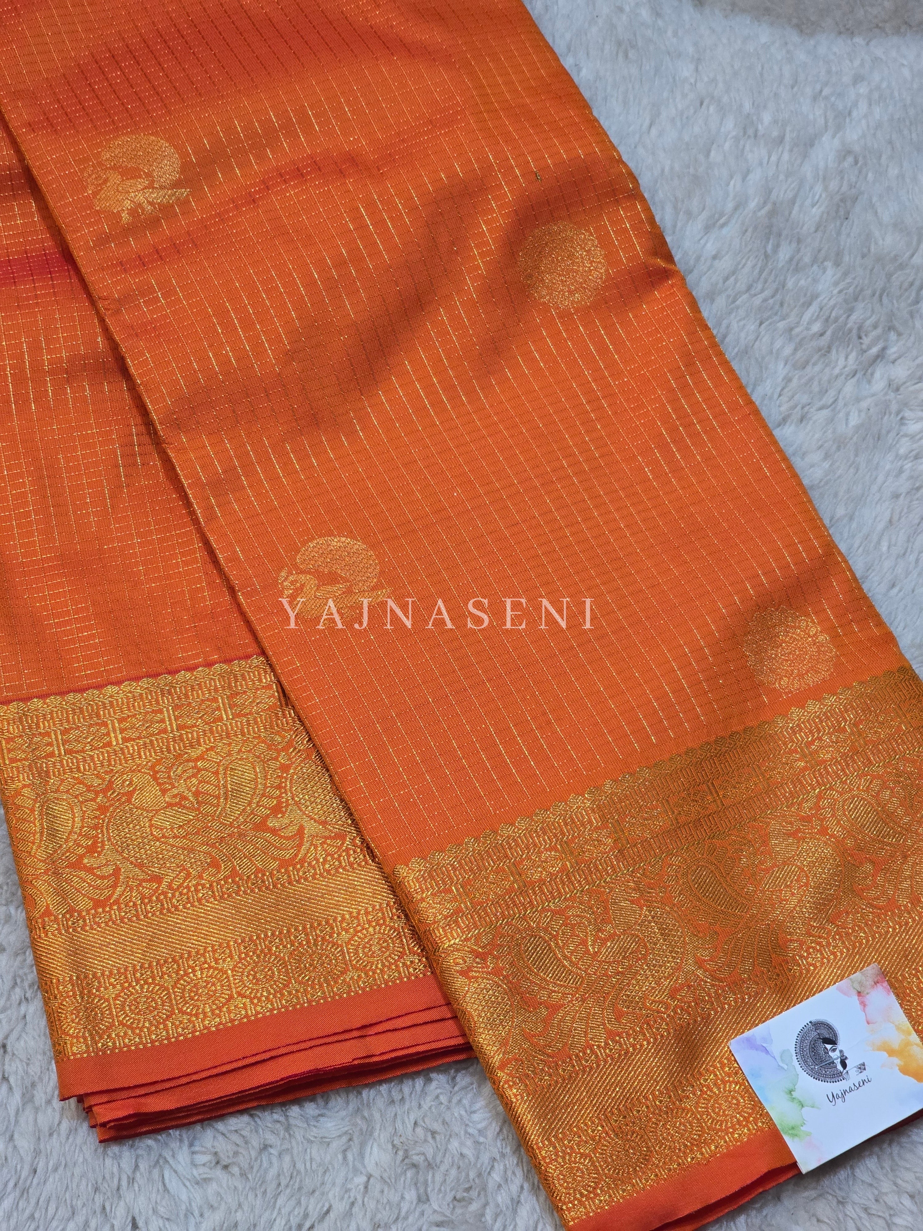Vaira Oosi Checkered x Peacock Semi Silk Saree - Orange