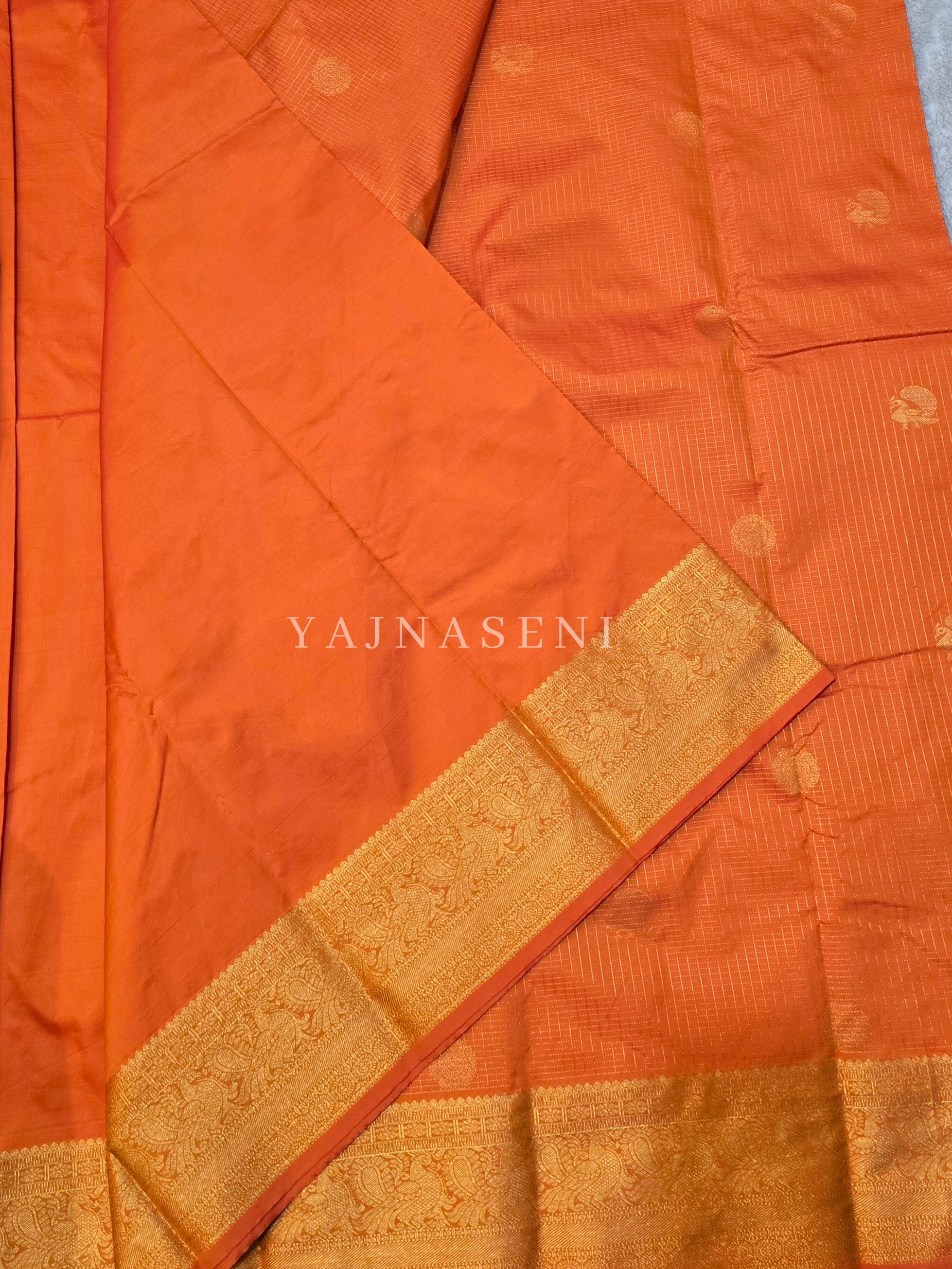 Vaira Oosi Checkered x Peacock Semi Silk Saree - Orange