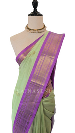 Load image into Gallery viewer, Handloom Kanchipuram Silk Cotton Saree x Korvai Border : Mint x Lavender
