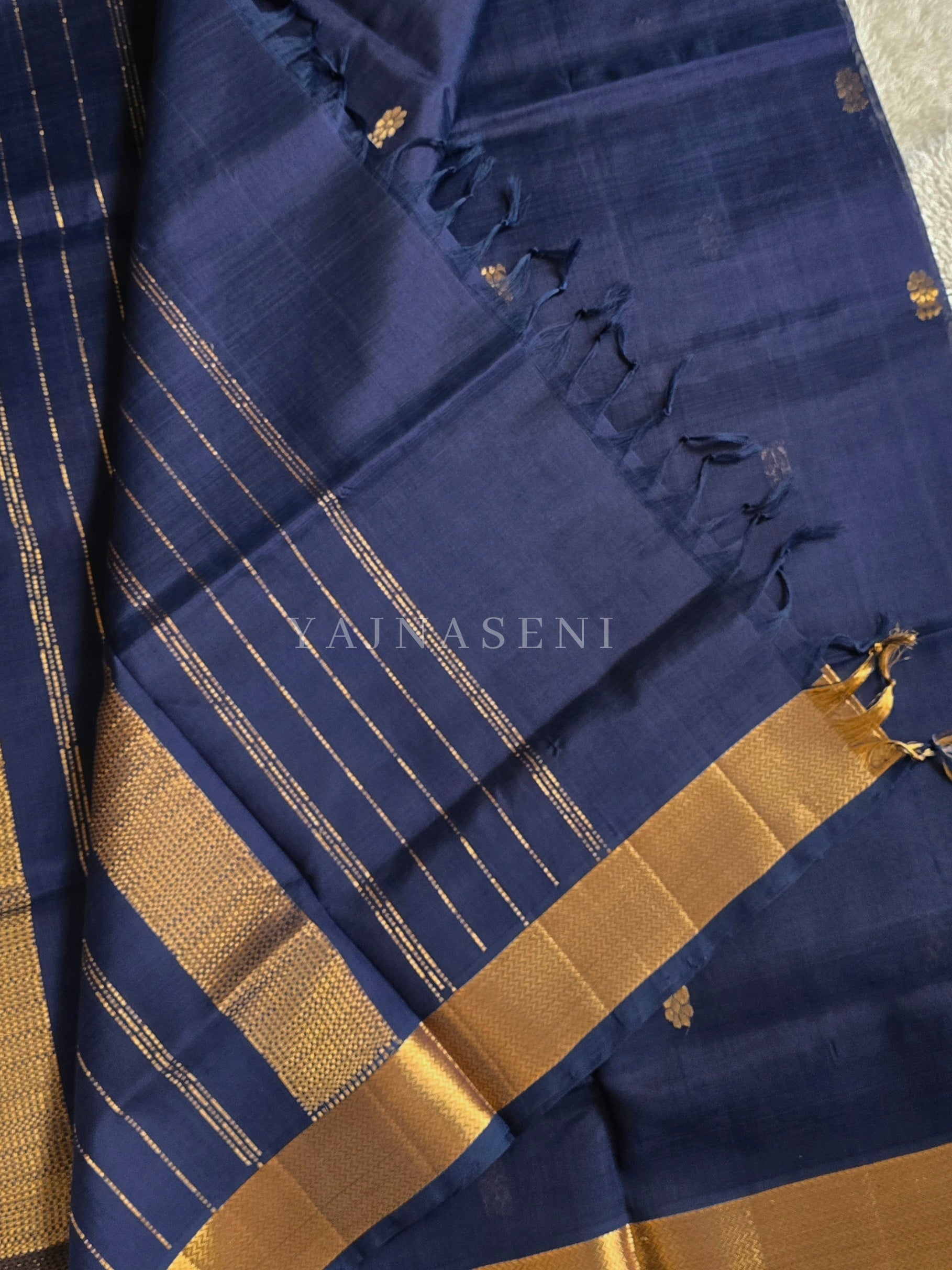 Handloom Kanchipuram Silk Cotton Saree : Midnight Blue