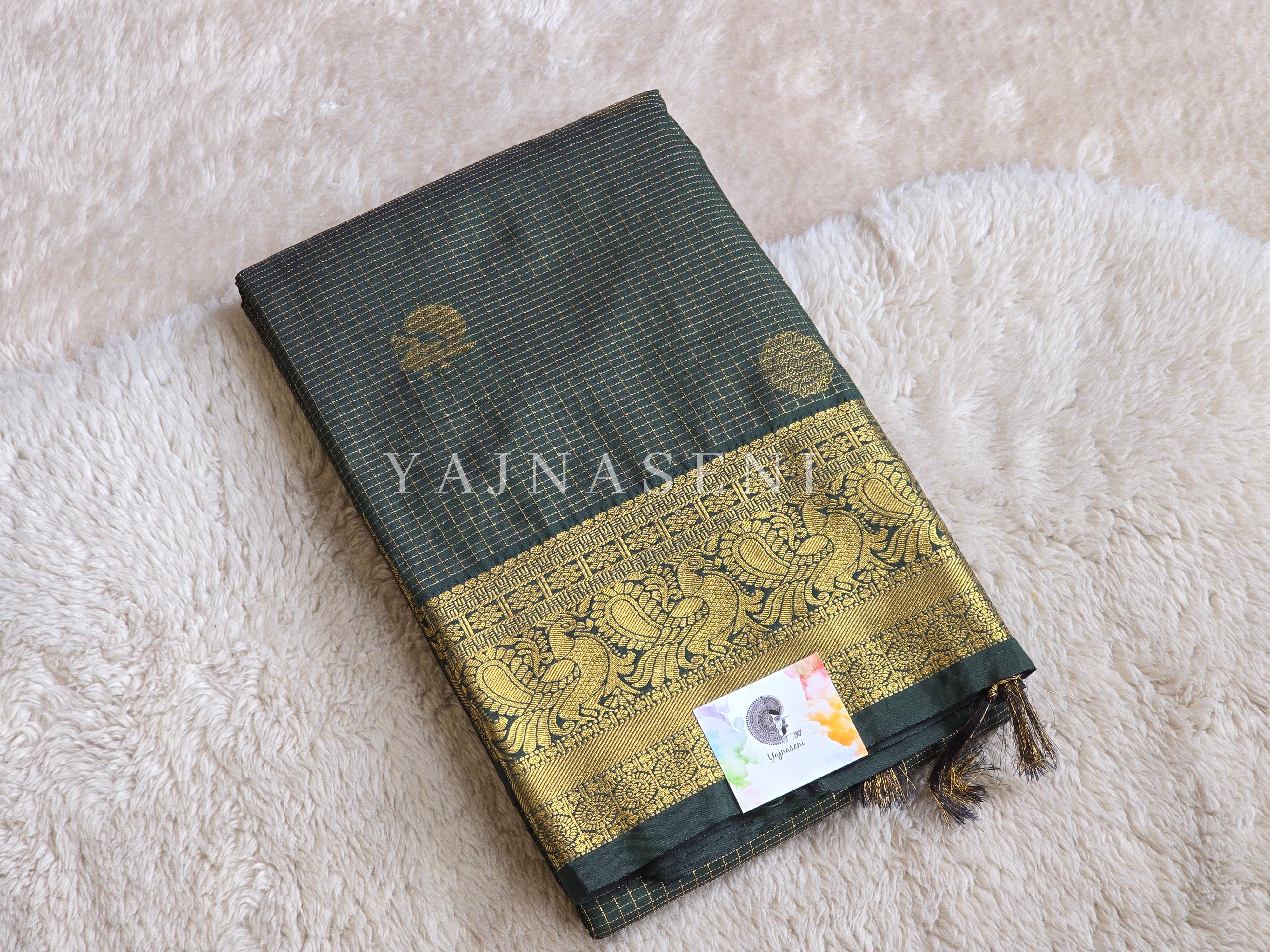Vaira Oosi Checkered x Peacock Semi Silk Saree - Timber Green