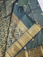 Load image into Gallery viewer, Vaira Oosi Checkered x Peacock Semi Silk Saree - Timber Green
