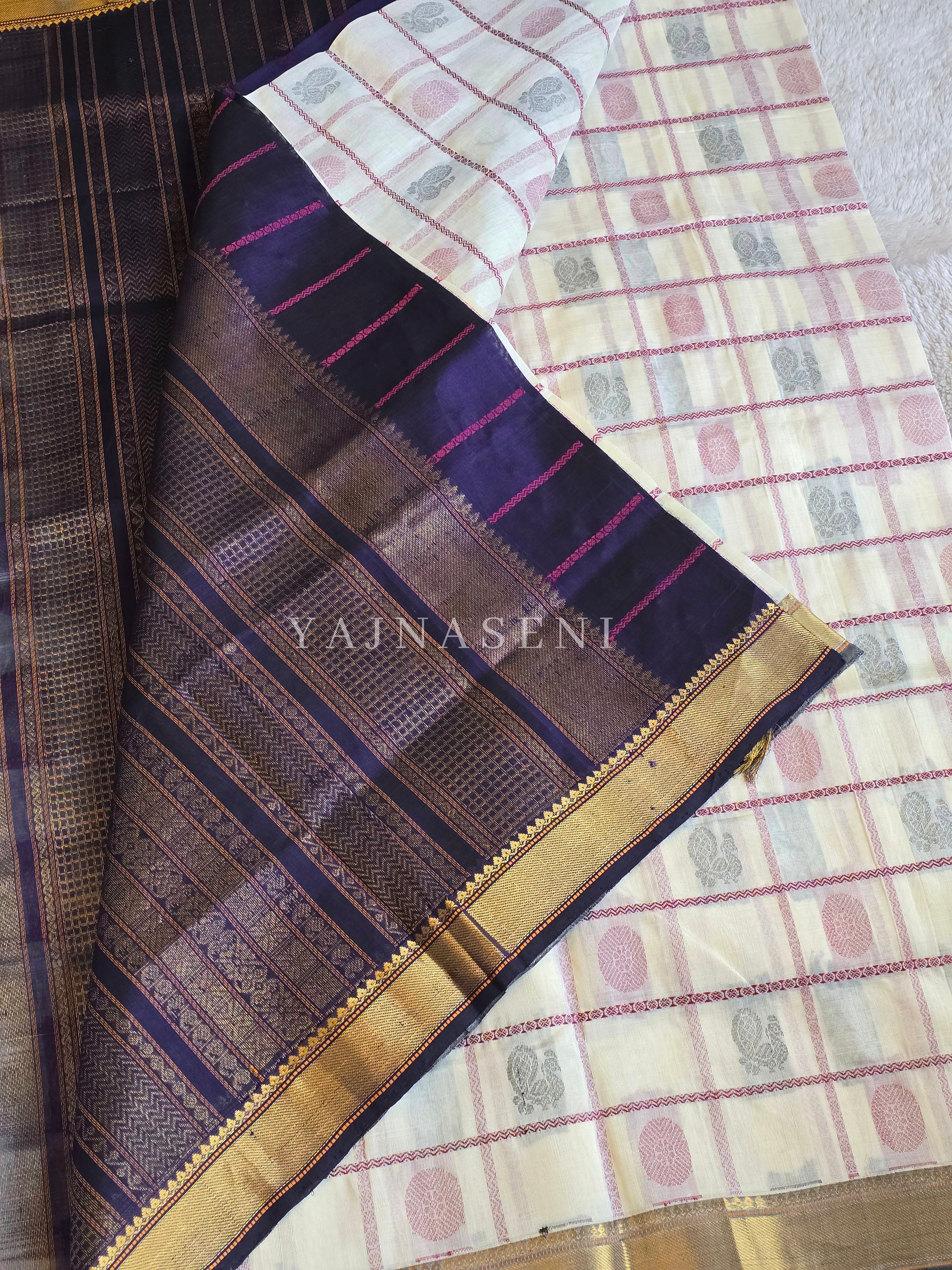 Handloom Kanchipuram Silk Cotton Saree x Big Kattam : Ivory x Grey x Dark Blue