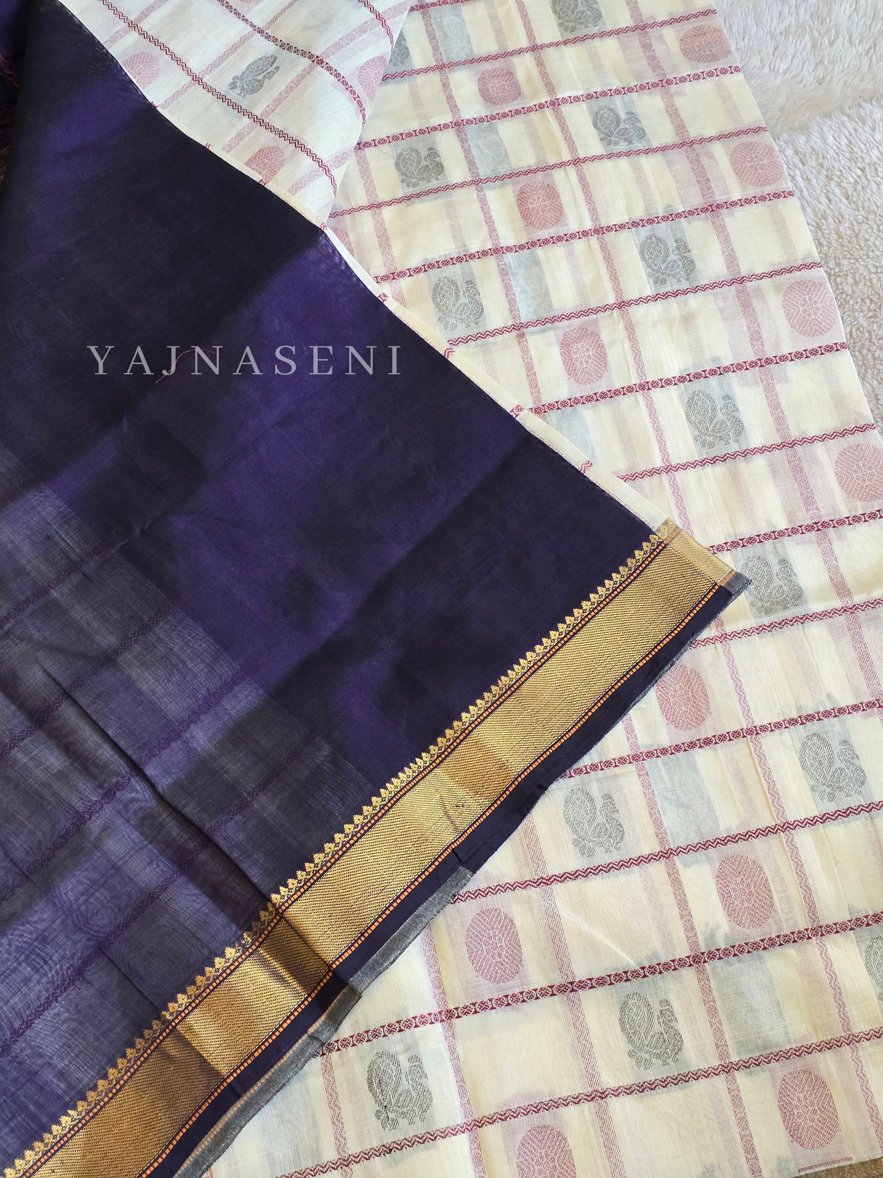 Handloom Kanchipuram Silk Cotton Saree x Big Kattam : Ivory x Grey x Dark Blue