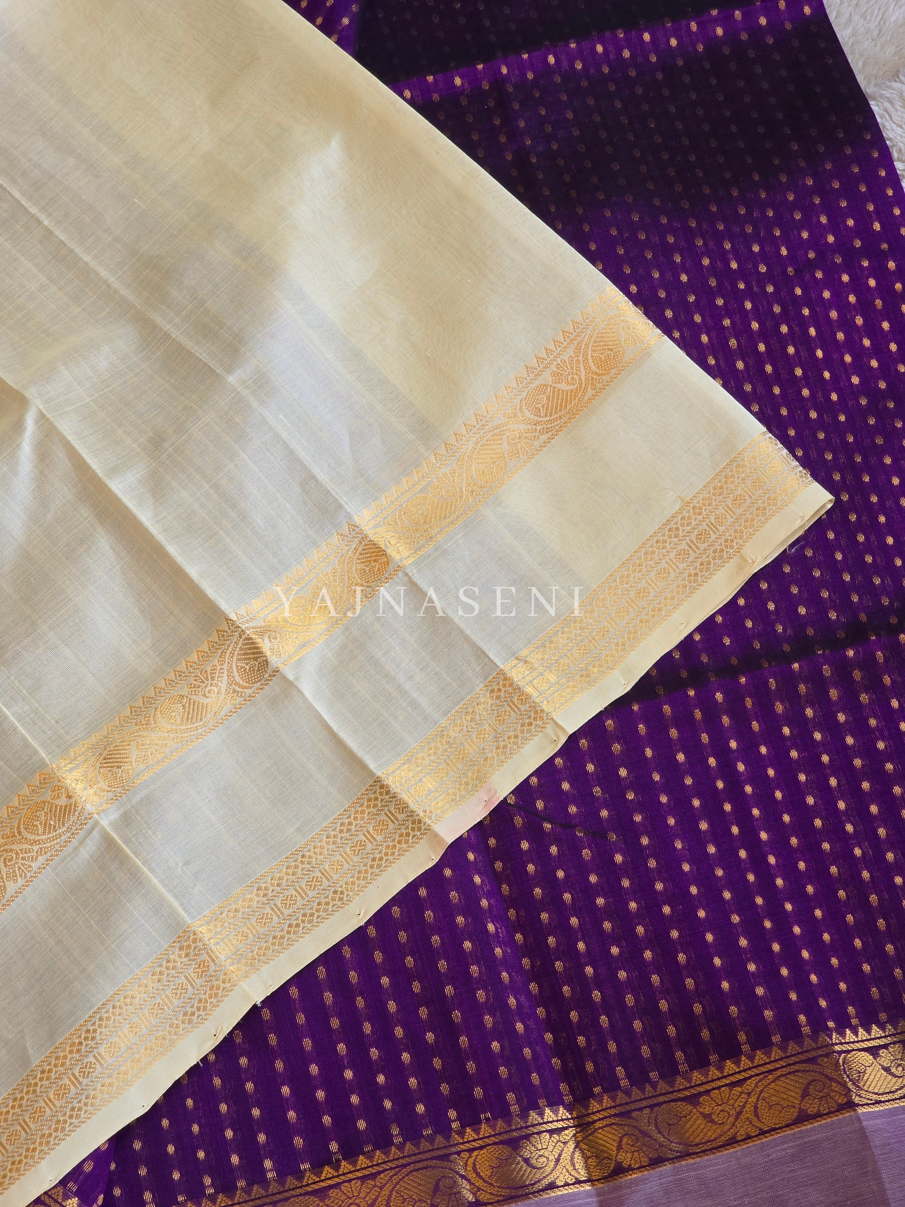 Handloom Kanchipuram Silk Cotton Saree : Dark Purple x Ivory