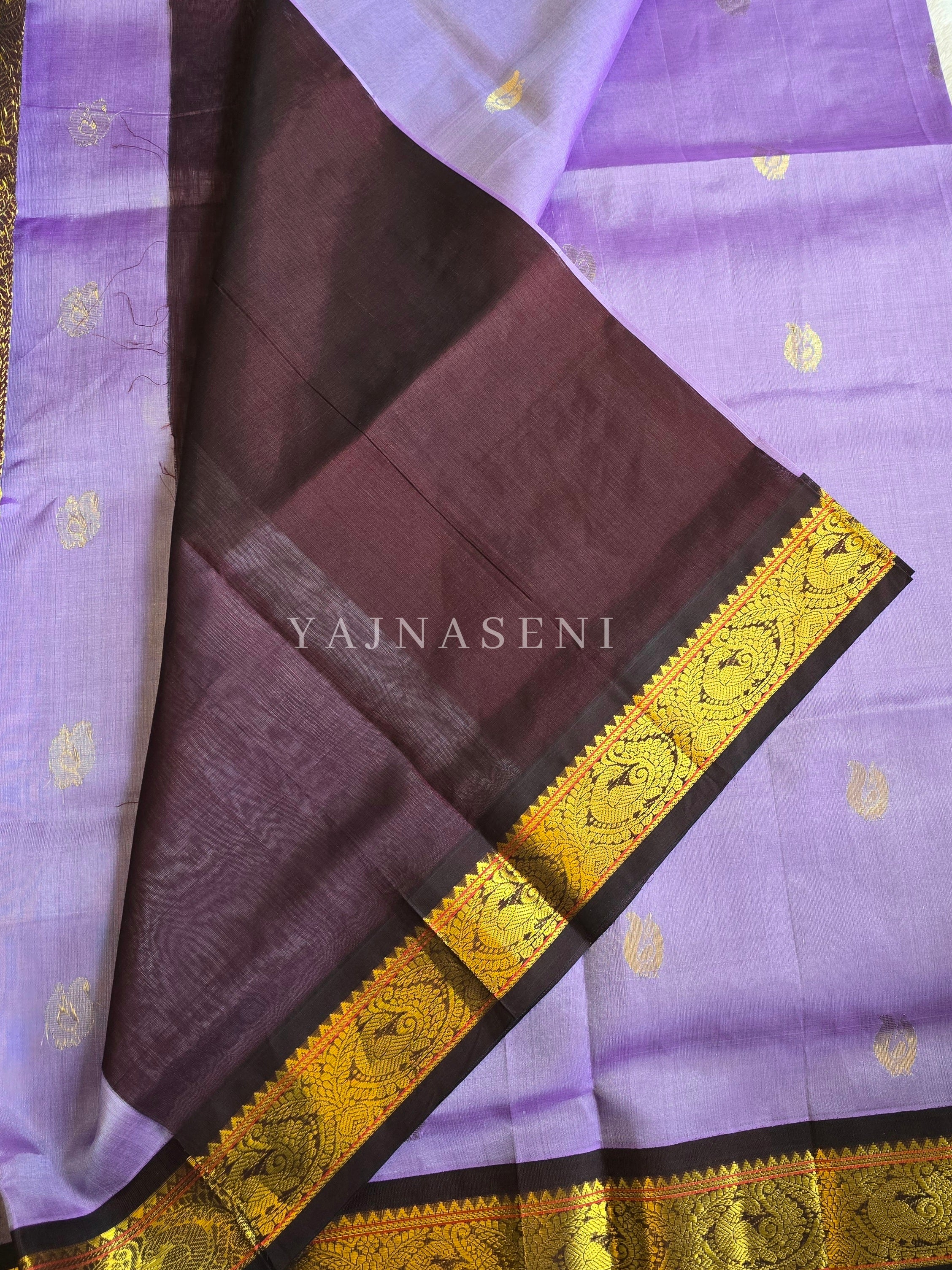 Handloom Kanchipuram Silk Cotton Saree x Annapakshi border : Heather Purple x Dark Wine