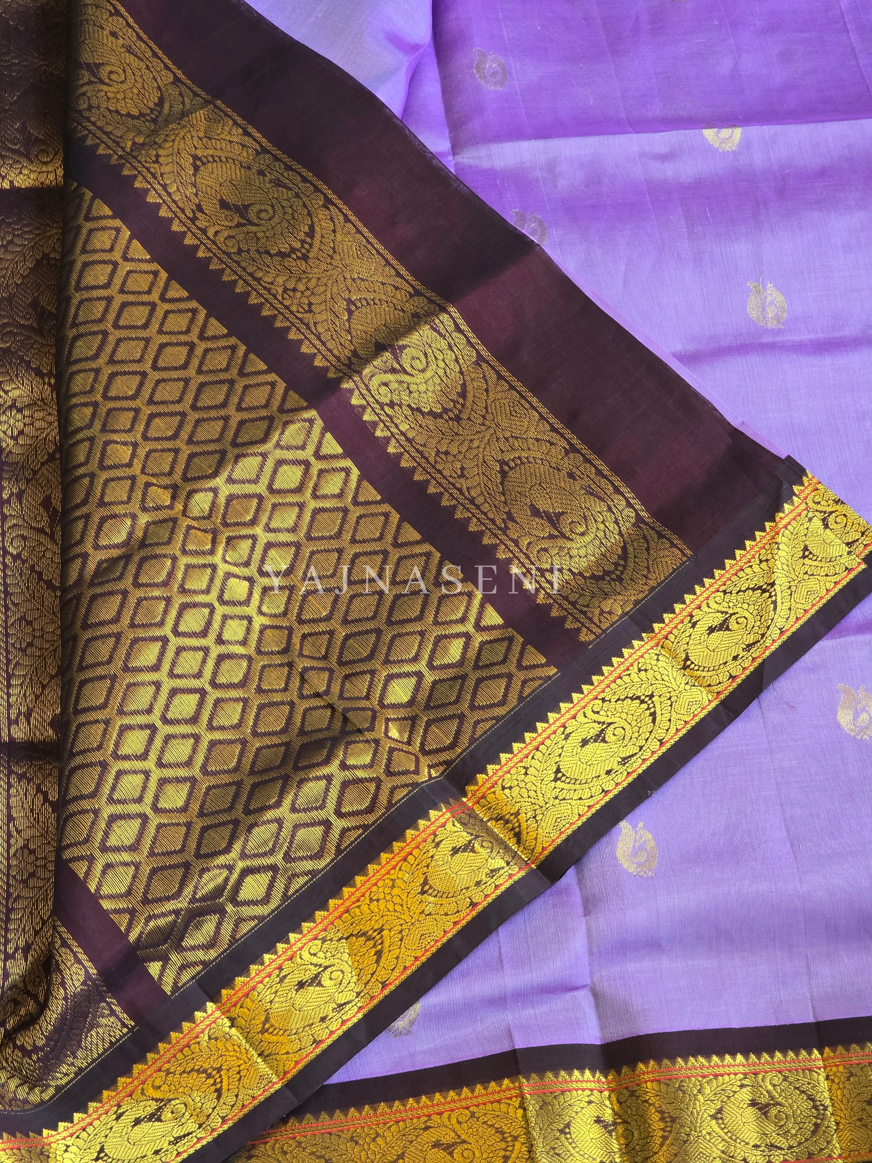 Handloom Kanchipuram Silk Cotton Saree x Annapakshi border : Heather Purple x Dark Wine