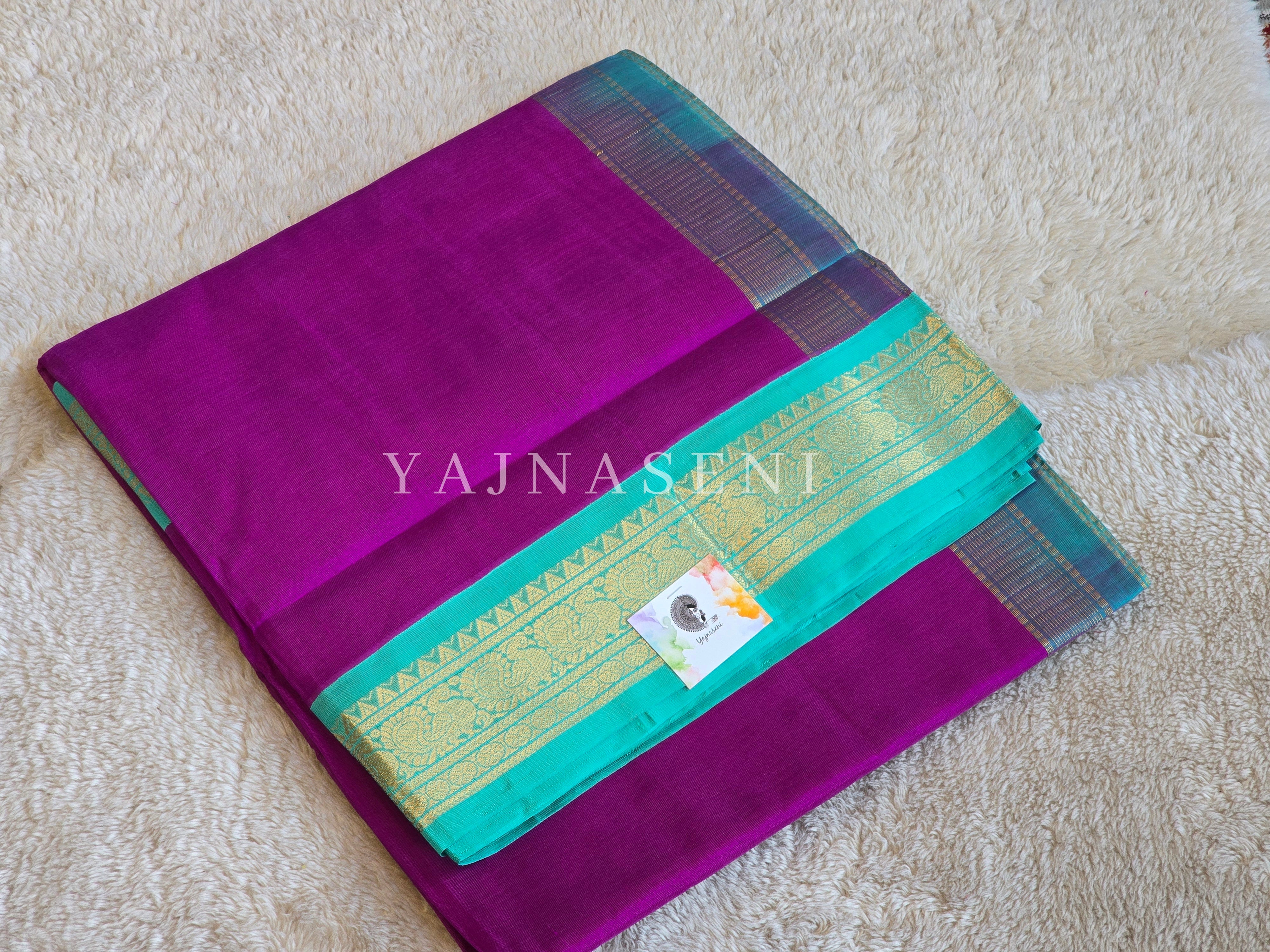 Handloom Kanchipuram Silk Cotton Saree : Purple x Light Teal