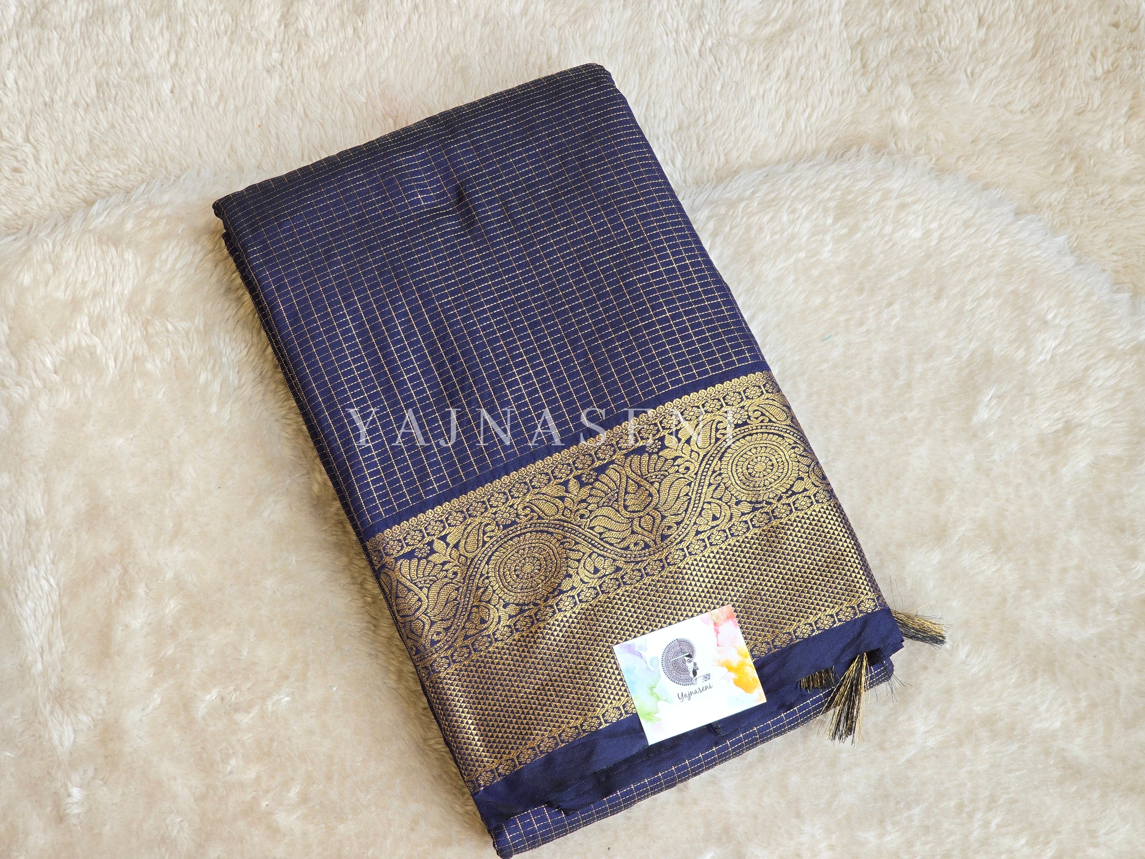 Vaira oosi x Checkered Saree - Dark Blue