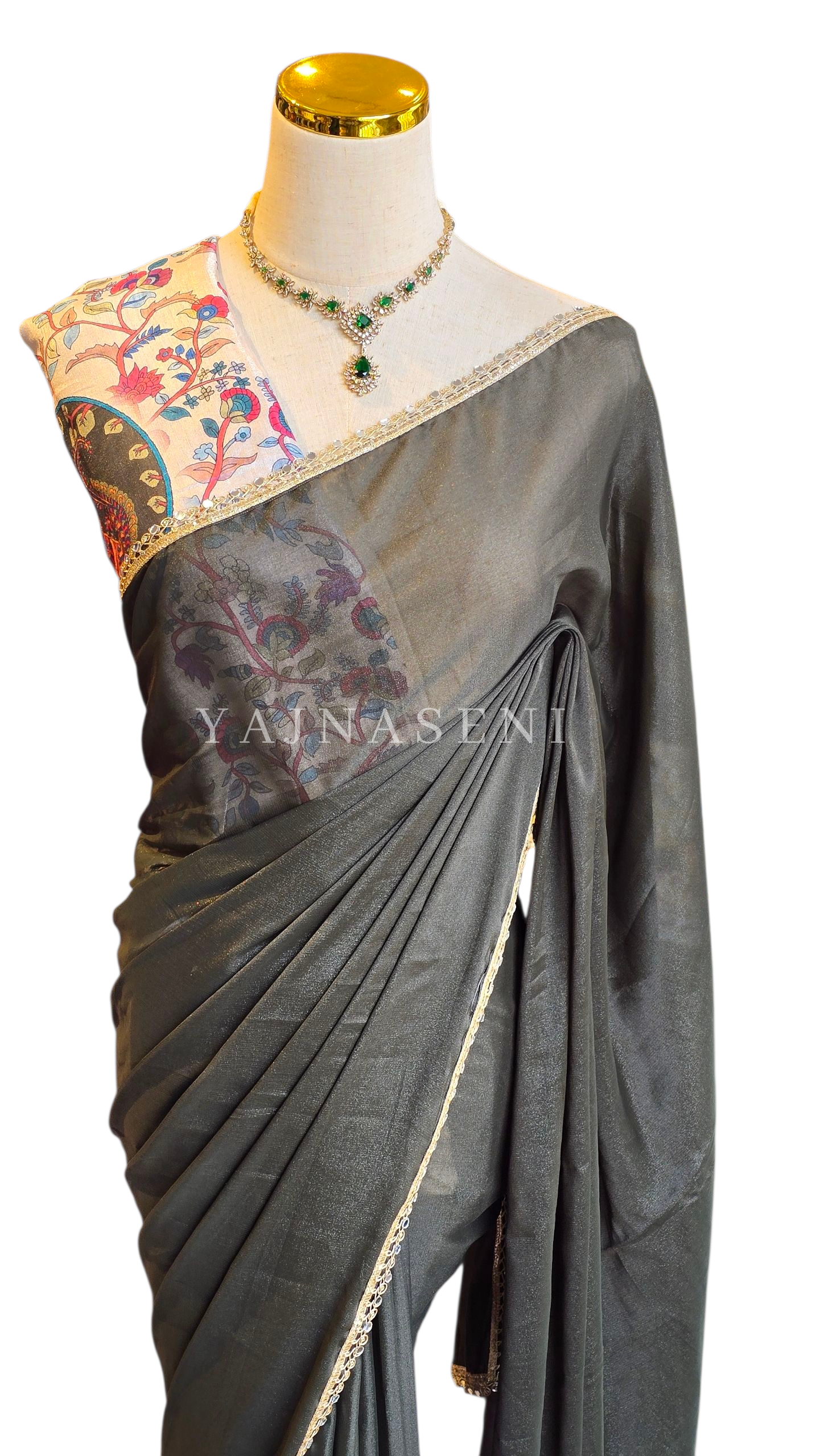 Chiffon Saree x Mirrors x Lace : Army Green