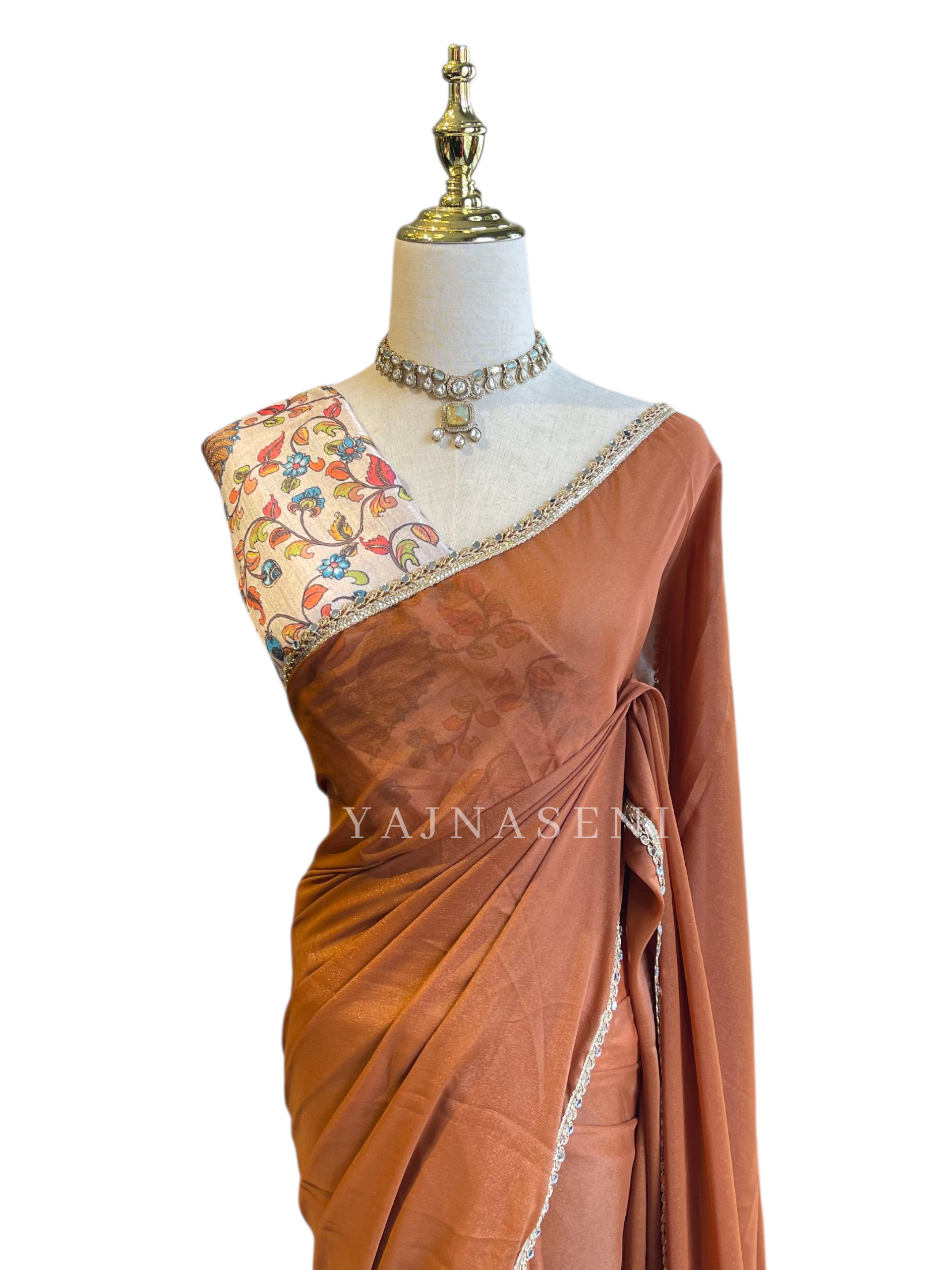 Chiffon Saree x Mirrors x Lace : Brown