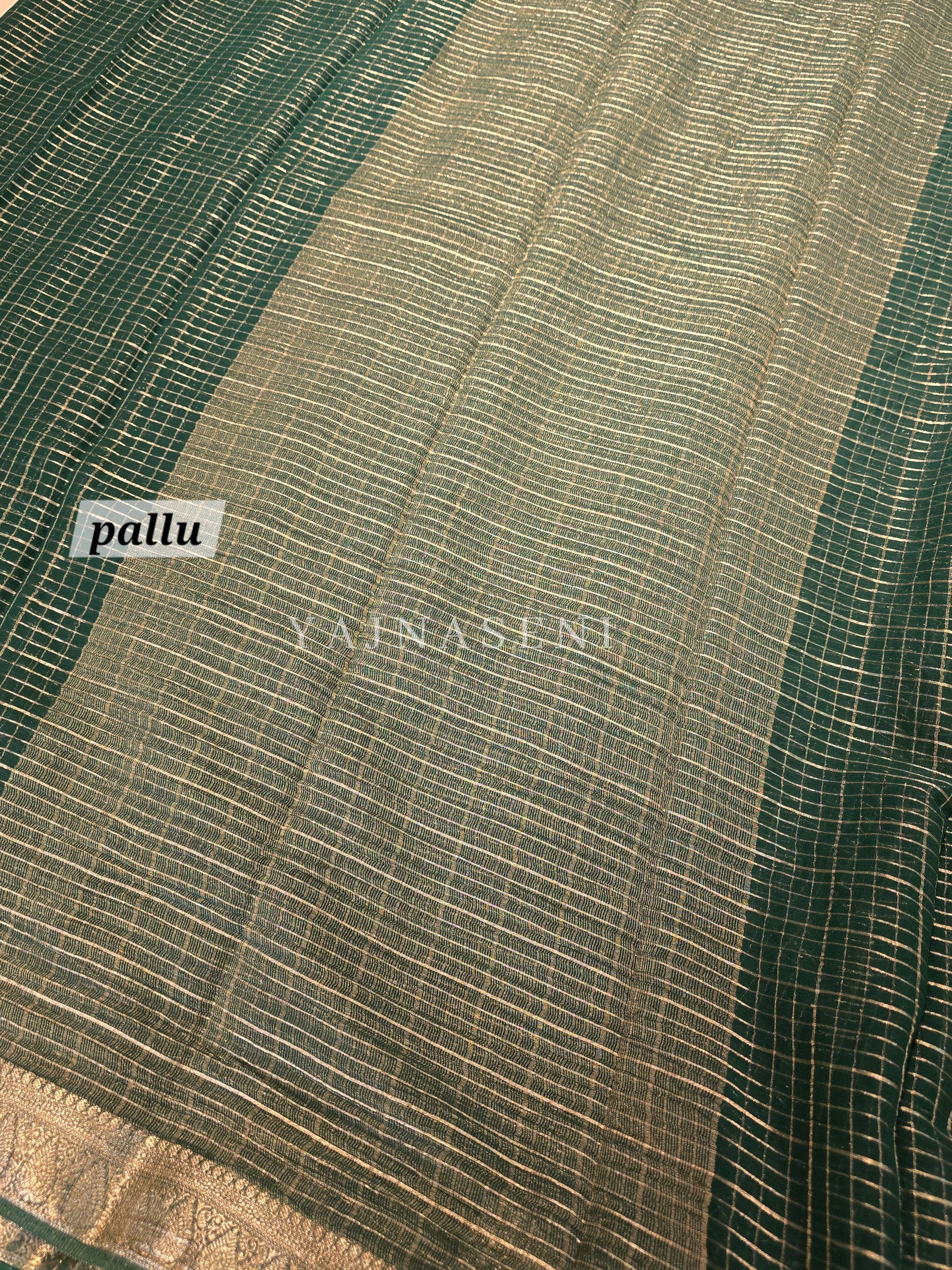 Georgette Saree x Checkered Zari : Dark Green