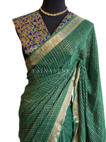 Load image into Gallery viewer, Georgette Saree x Checkered Zari : Dark Green
