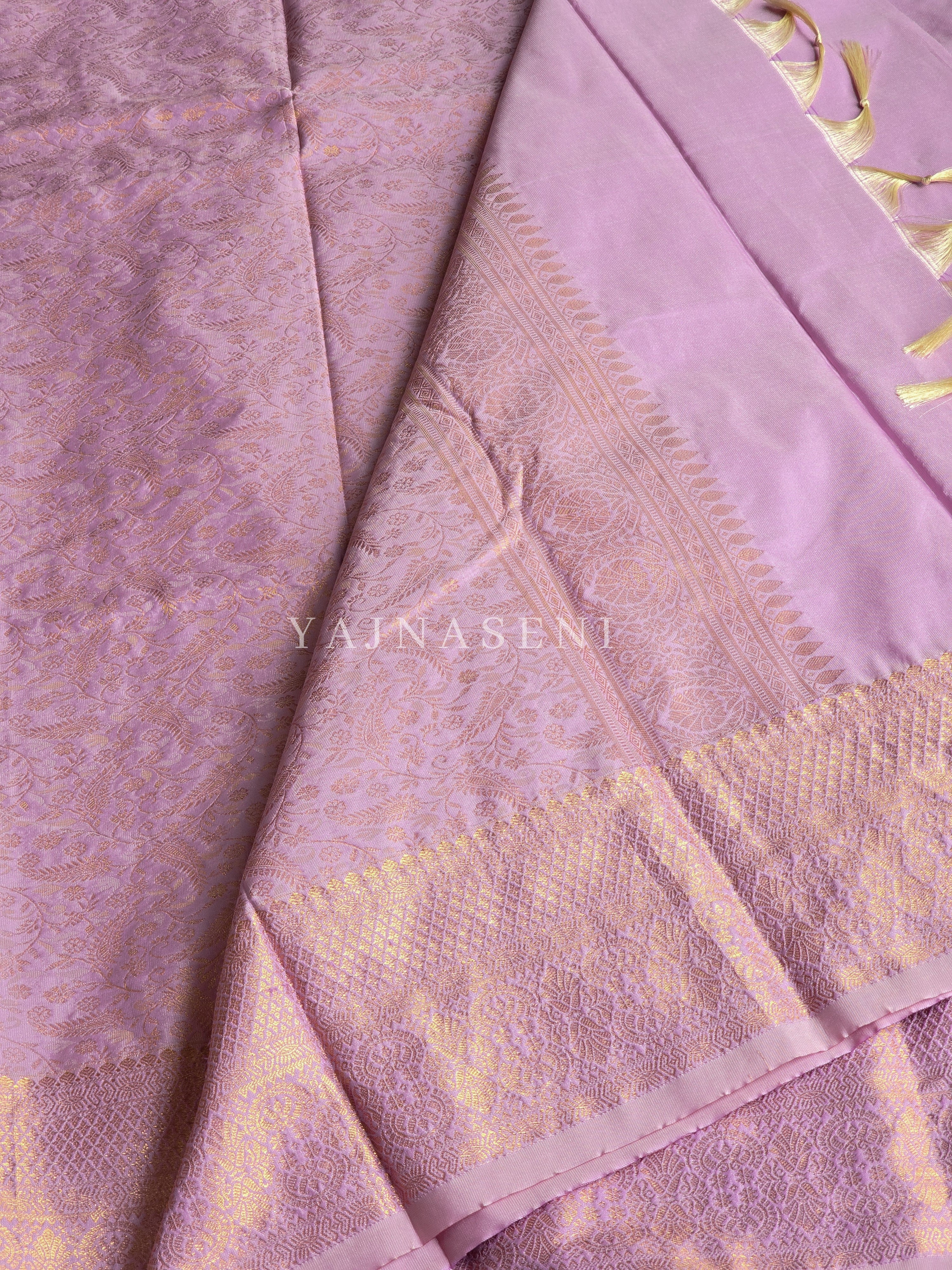 Semi Soft Silk Light Gold Zari Saree - Lilac