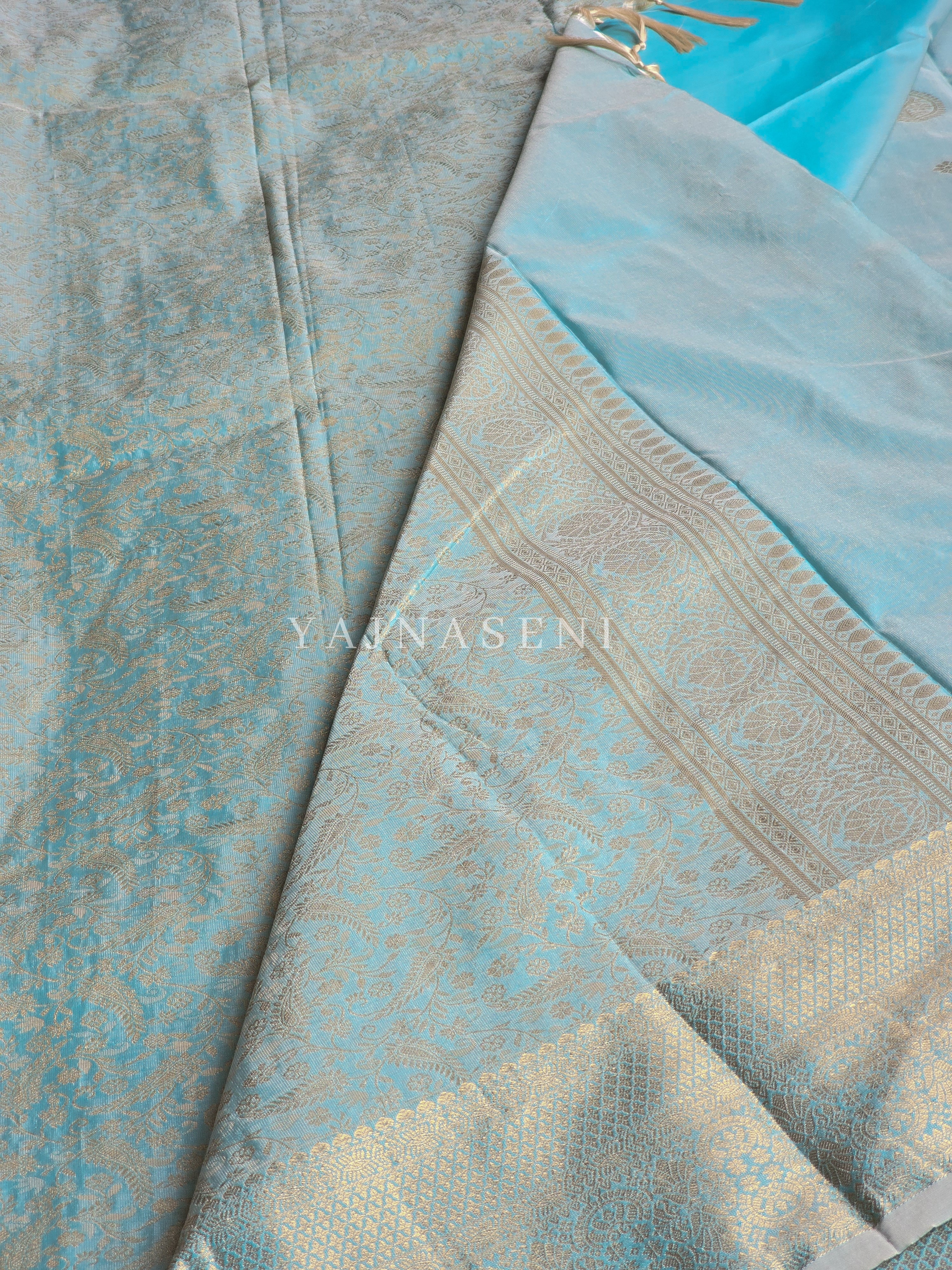 Semi Soft Silk Light Gold Zari Saree - Pastel Blue