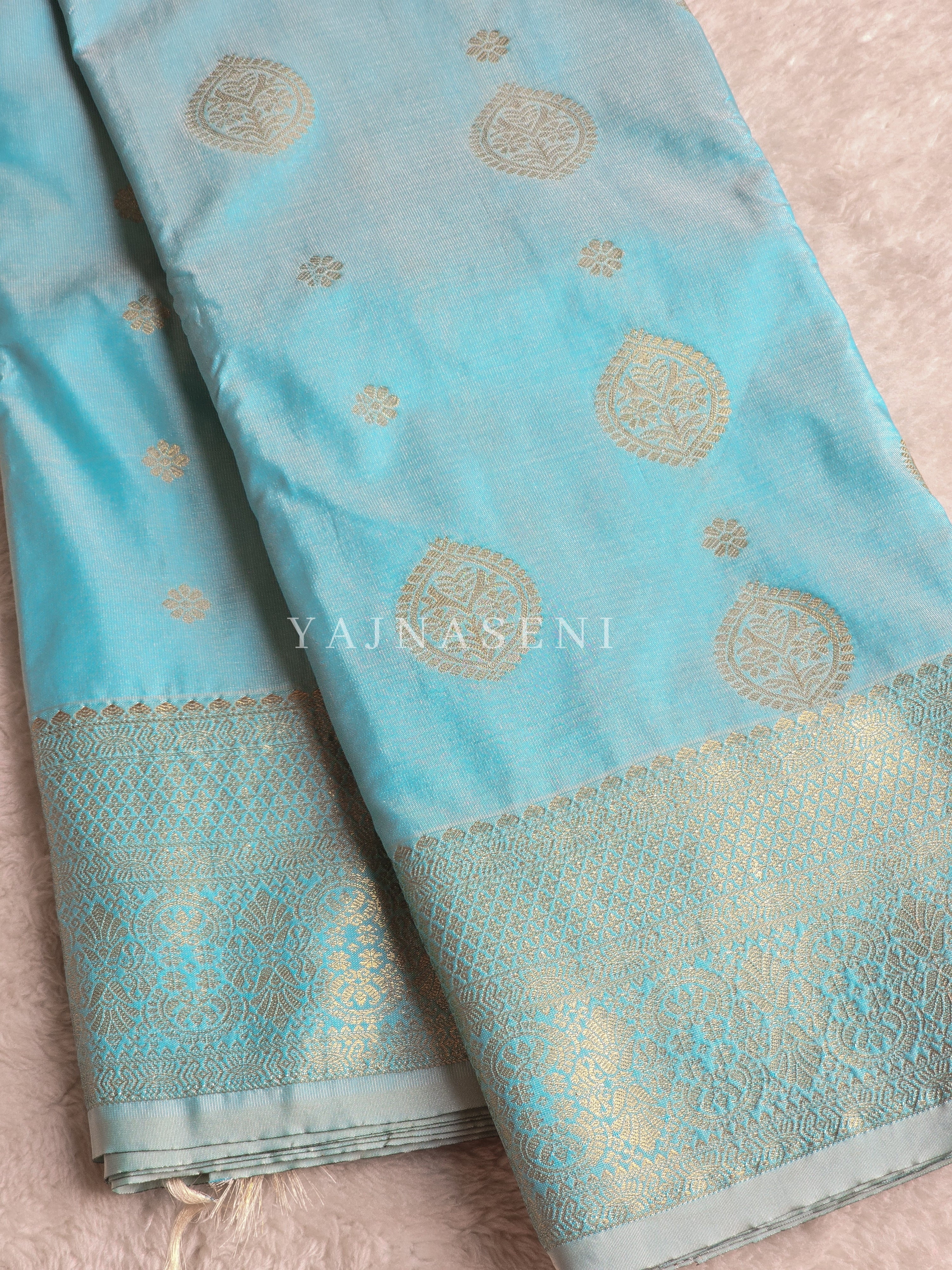 Semi Soft Silk Light Gold Zari Saree - Pastel Blue