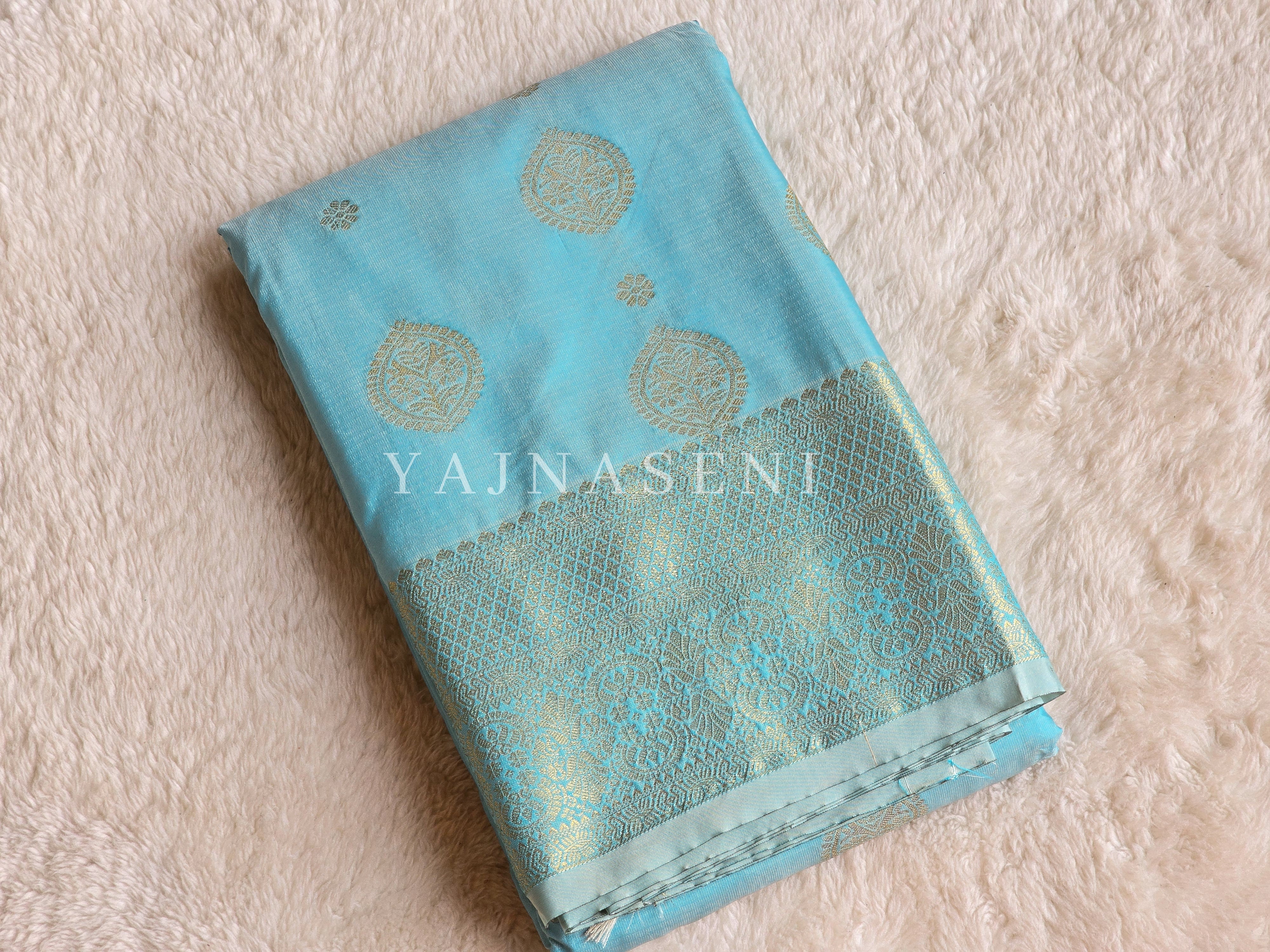 Semi Soft Silk Light Gold Zari Saree - Pastel Blue
