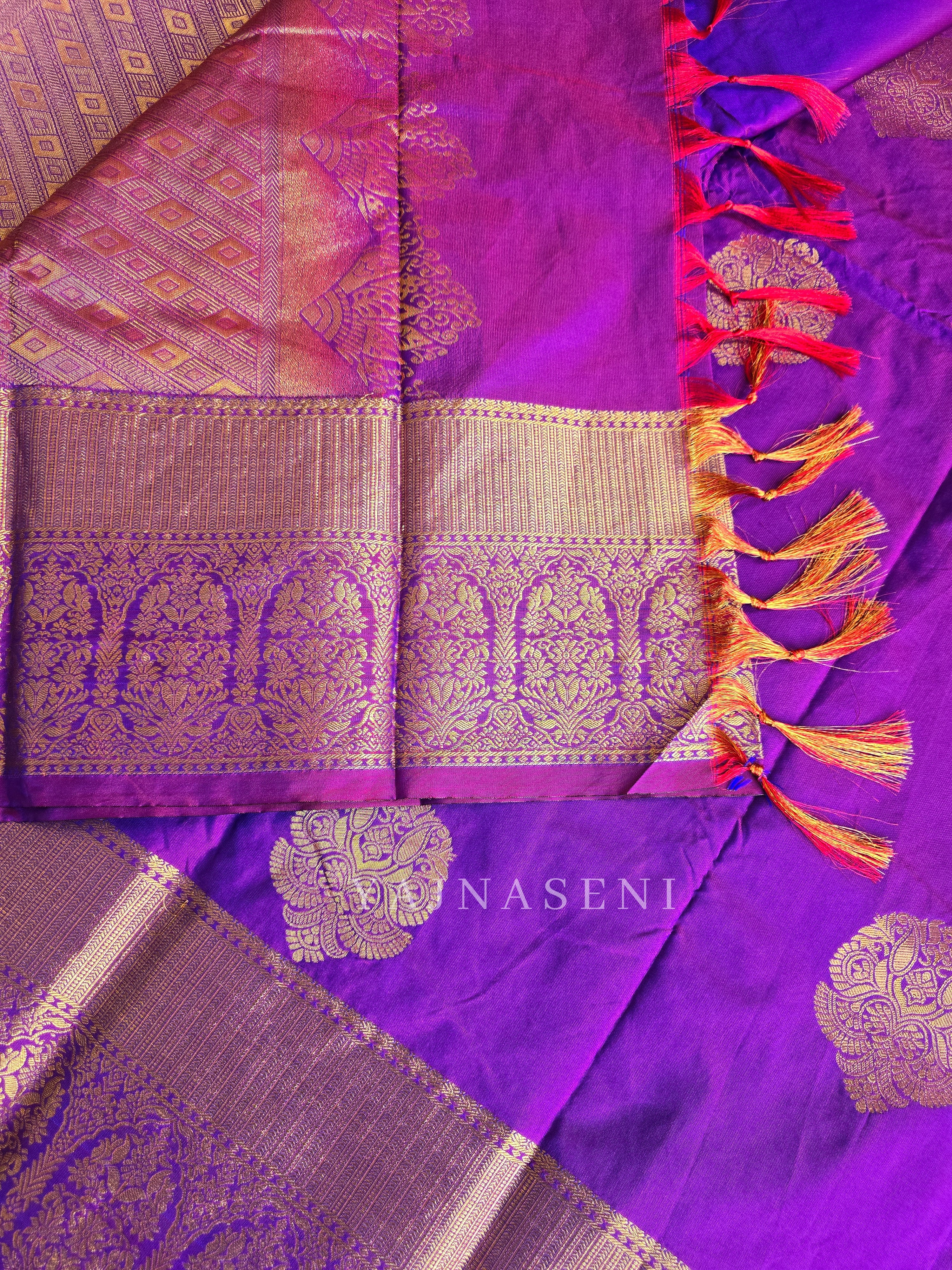 Monochrome Series : Semi Kanchi Silk Saree - Purple Garnet