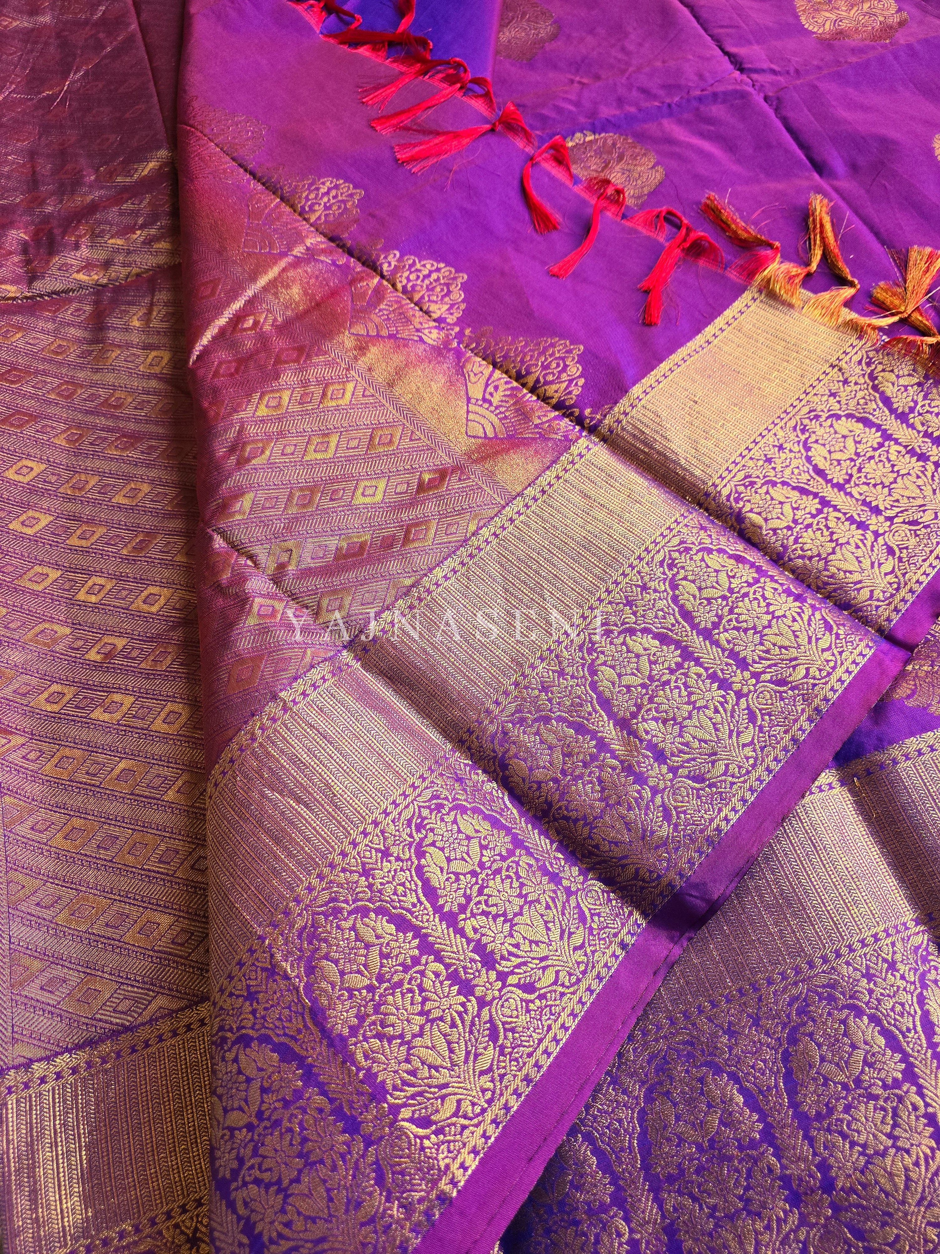 Monochrome Series : Semi Kanchi Silk Saree - Purple Garnet