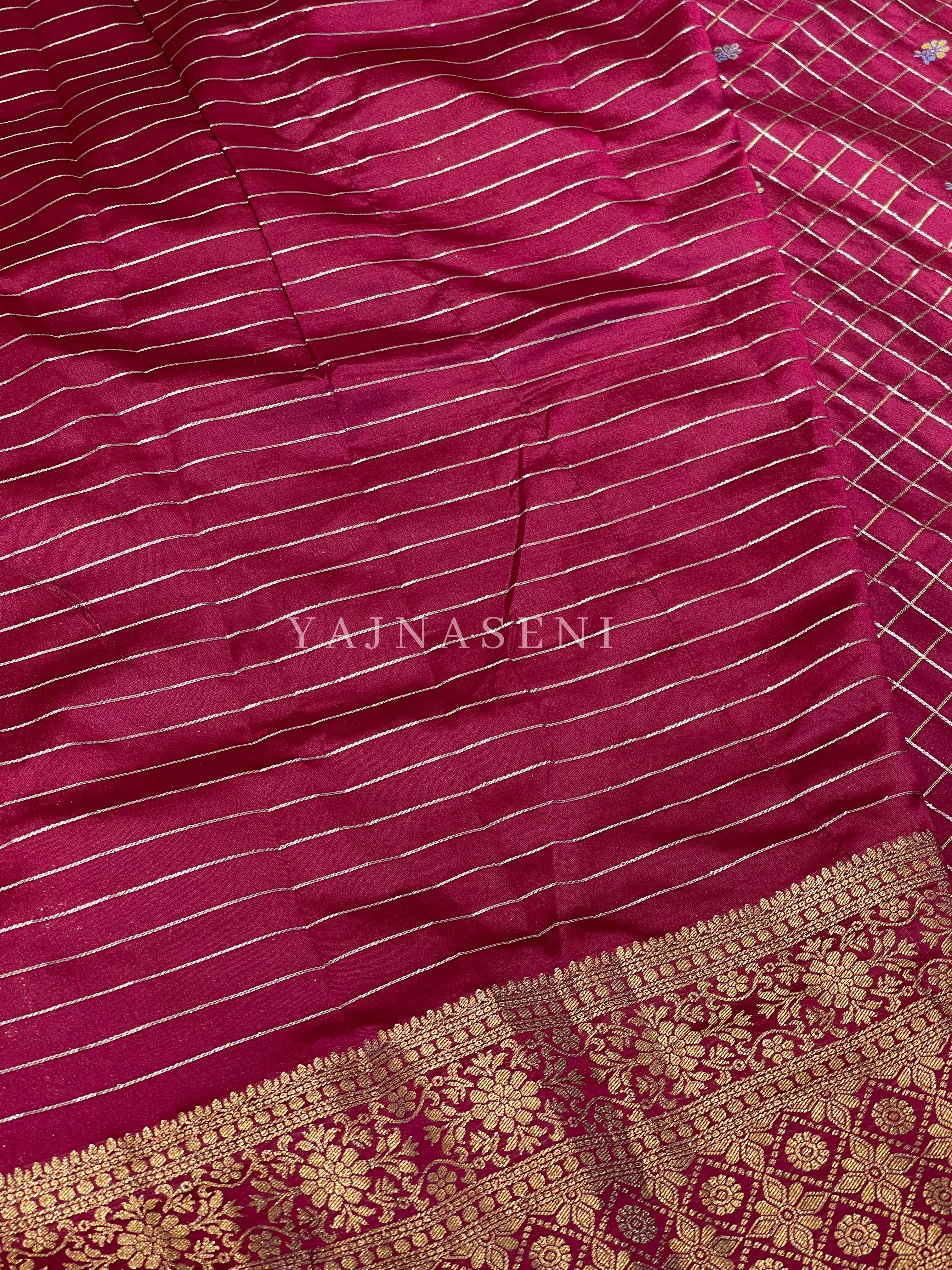 Semi Silk Saree x Checkered x Floral Motifs  - Wine