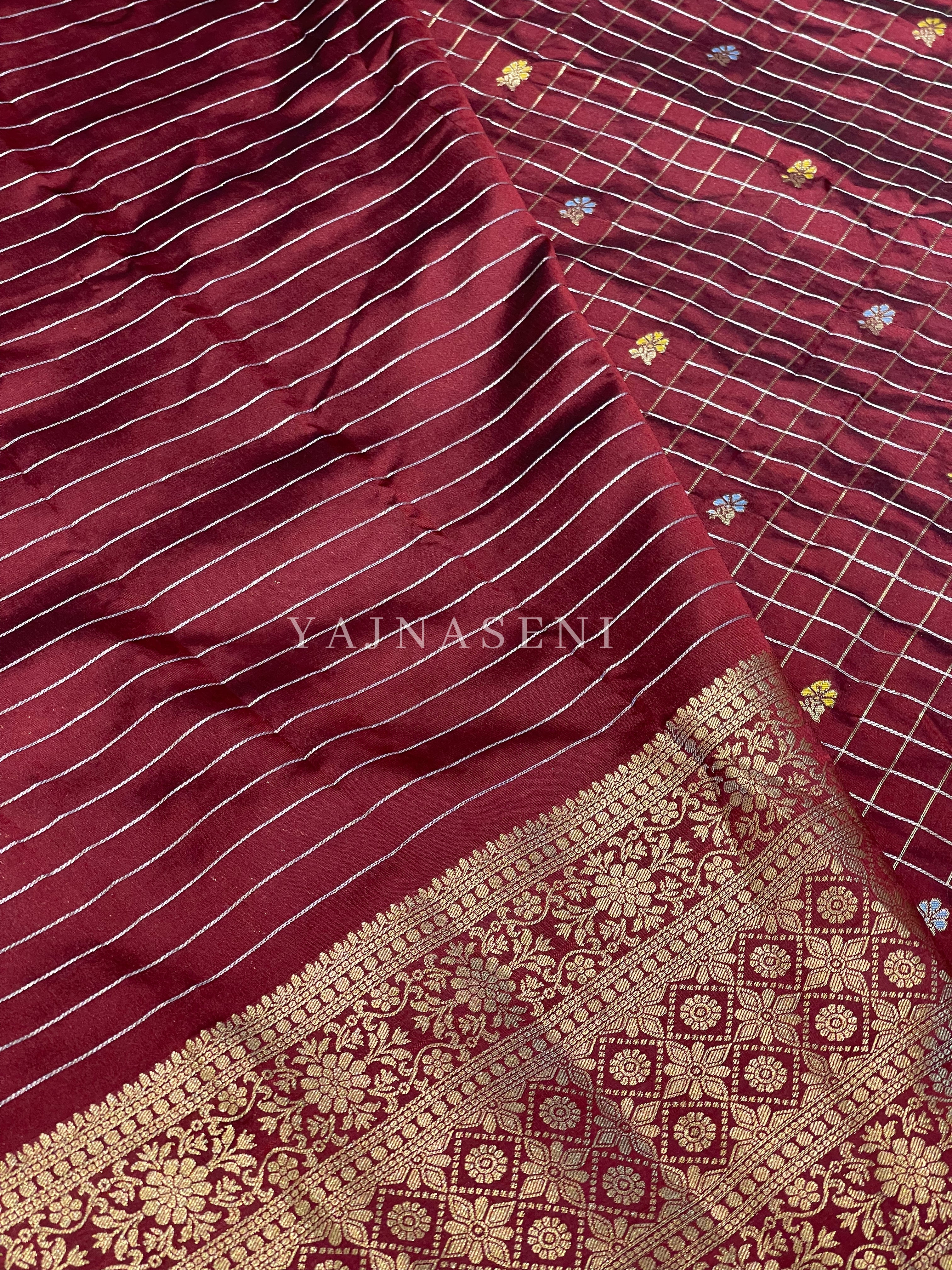 Semi Silk Saree x Checkered x Floral Motifs - Maroon