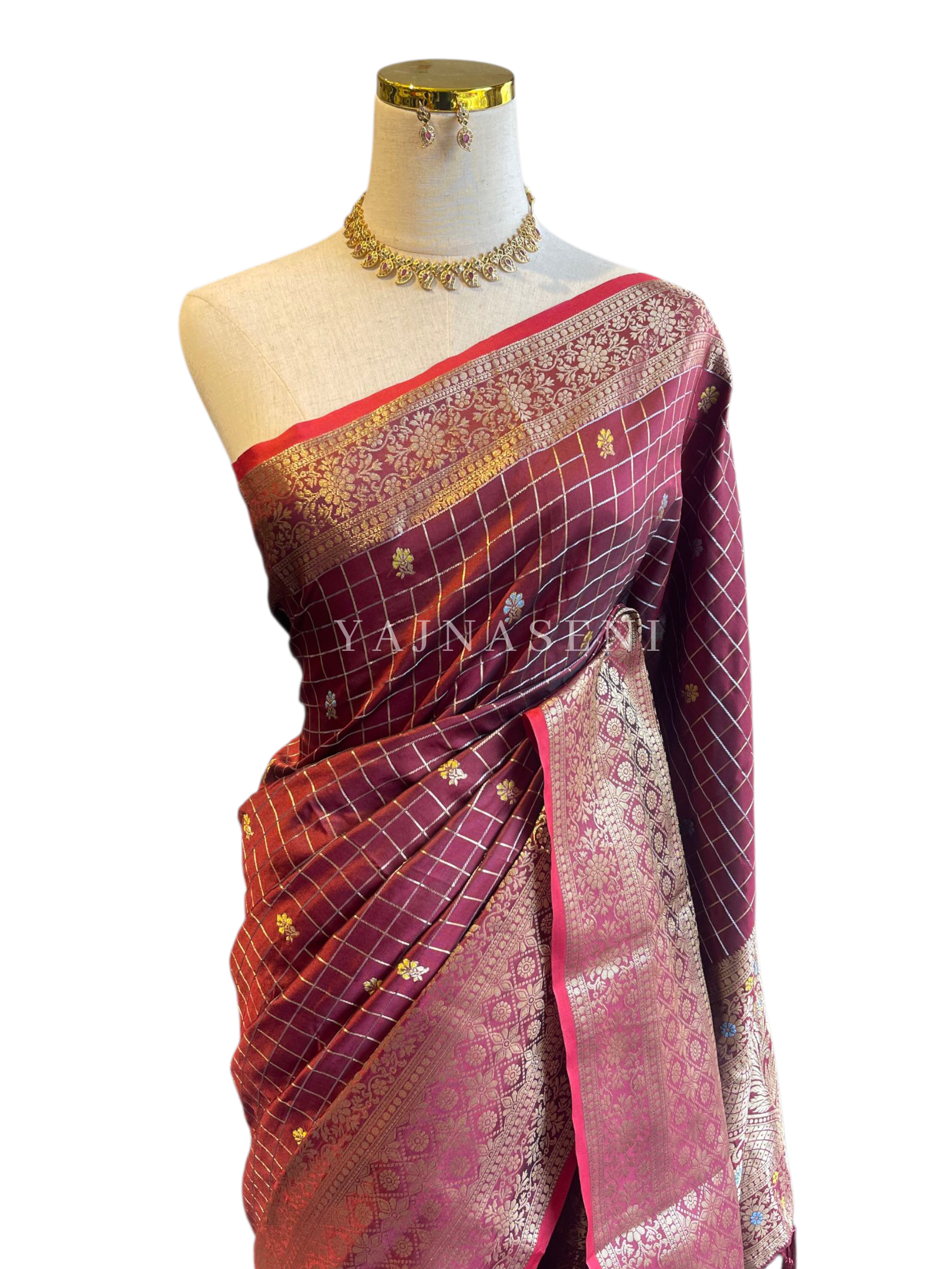 Semi Silk Saree x Checkered x Floral Motifs - Maroon