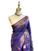 Load image into Gallery viewer, Semi Silk Saree x Checkered x Floral Motifs  - Violet
