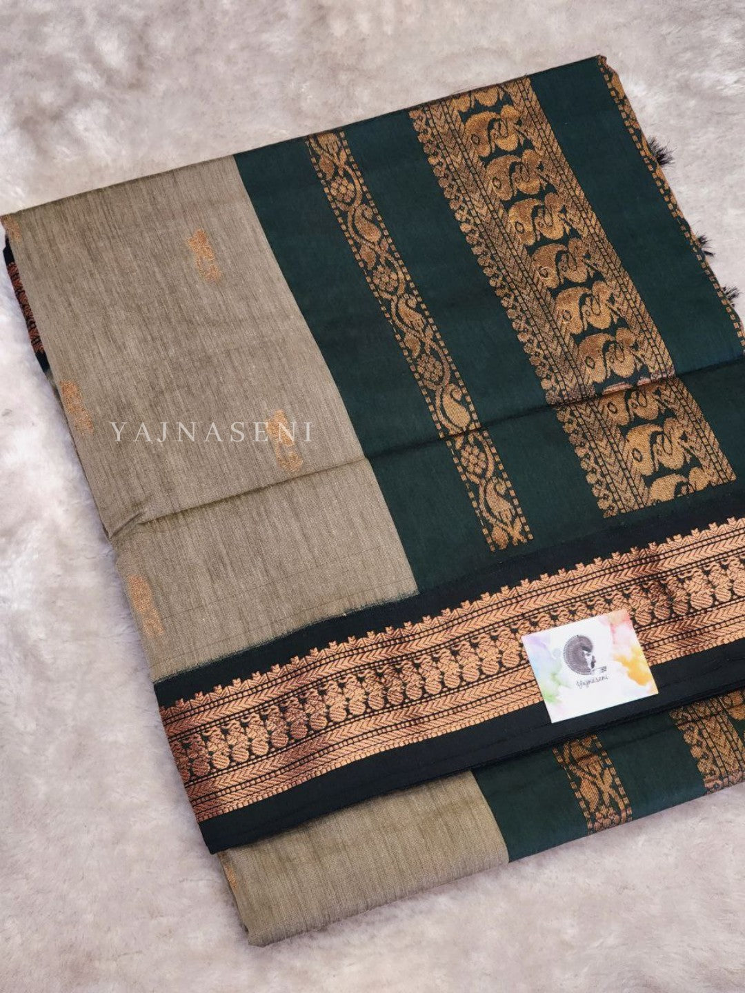 Kalyani Cotton Saree - Copper Zari : Ash x Dark Green