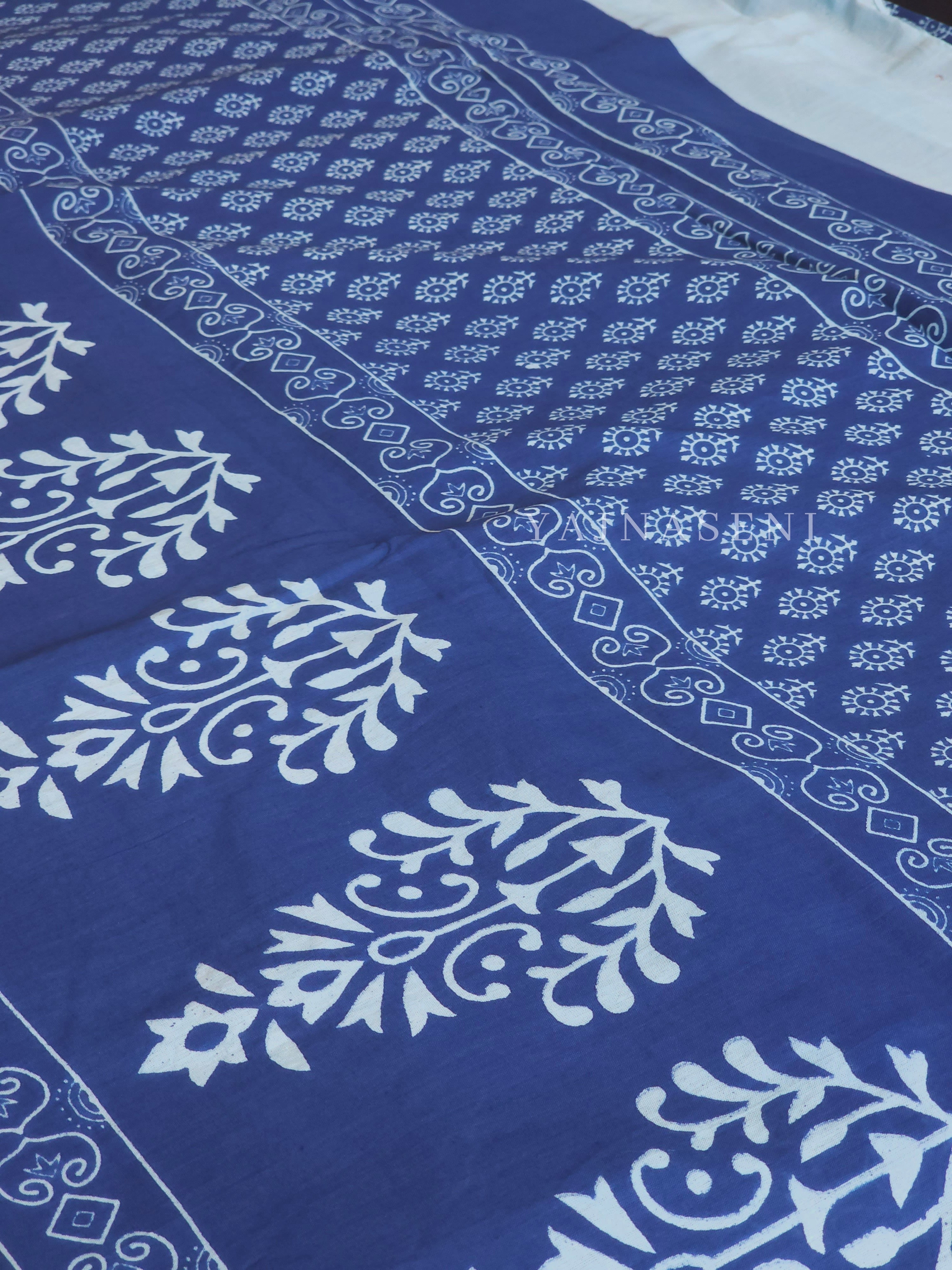 Mulmul Cotton Handblock Printed Saree : Persian Blue