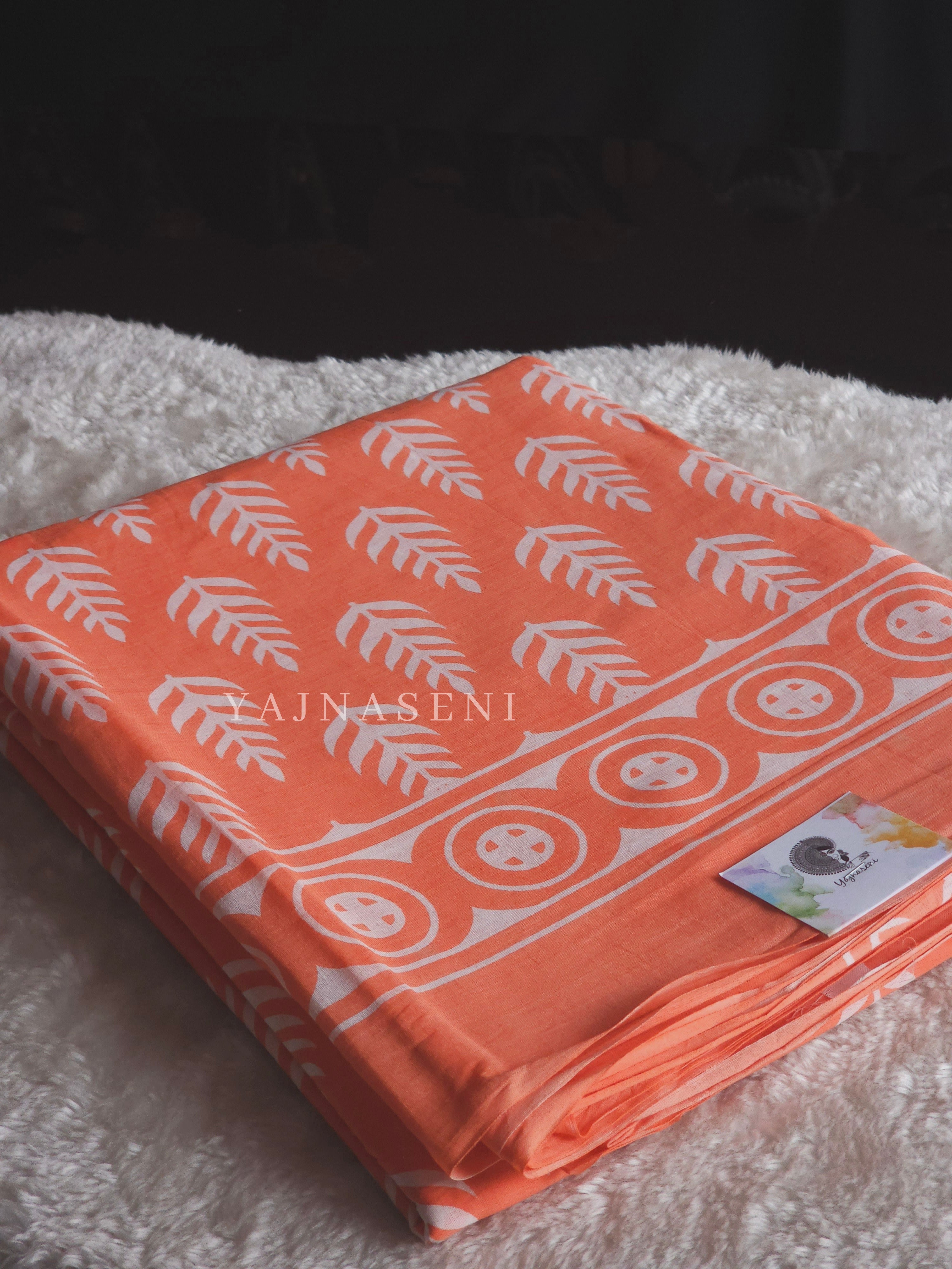Mulmul Cotton Handblock Printed Saree : Coral Orange x White